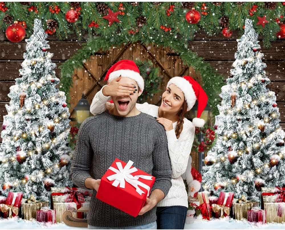 Christmas Backdrop 10X8Ft Wood Barn Winter Christmas Photo Backdrop for Photography Wooden Door Christmas Tree Gifts Snowy Background Kids Adults Family Christmas Eve Party Decoration Props - Nky05219 image number 3