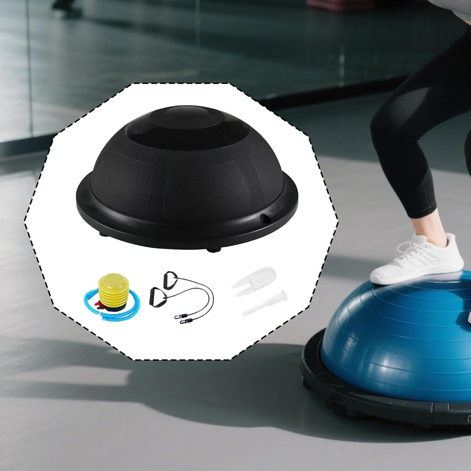 Oshhni Balance Ball Half Exercise Ball anti Slip Balance Training with Resistance Bands and Pump for Full Body Workouts - Black image number 6