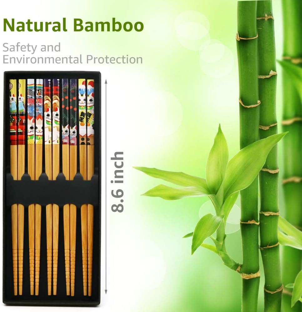 5 Pairs Chopsticks and Chopstick Rest Set, 6 Cute Lucky Cats Rest, Classic Japanese Style Light and Handy Reusable Natural Bamboo Dishwasher, Classic Gift Sets image number 2