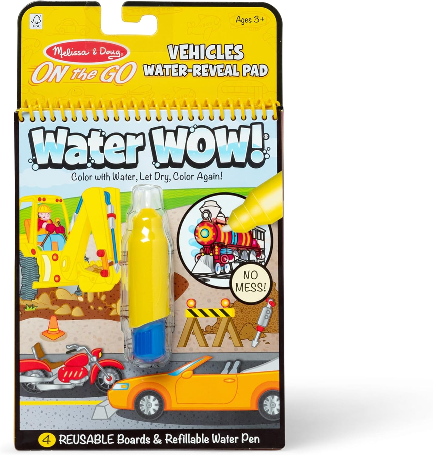 Melissa & Doug 5375 on the Go Water Wow! Water Reveal Pad: Vehicles - 4 Boards and Water Pen,Yellow, 10 Inch - Vehicles
