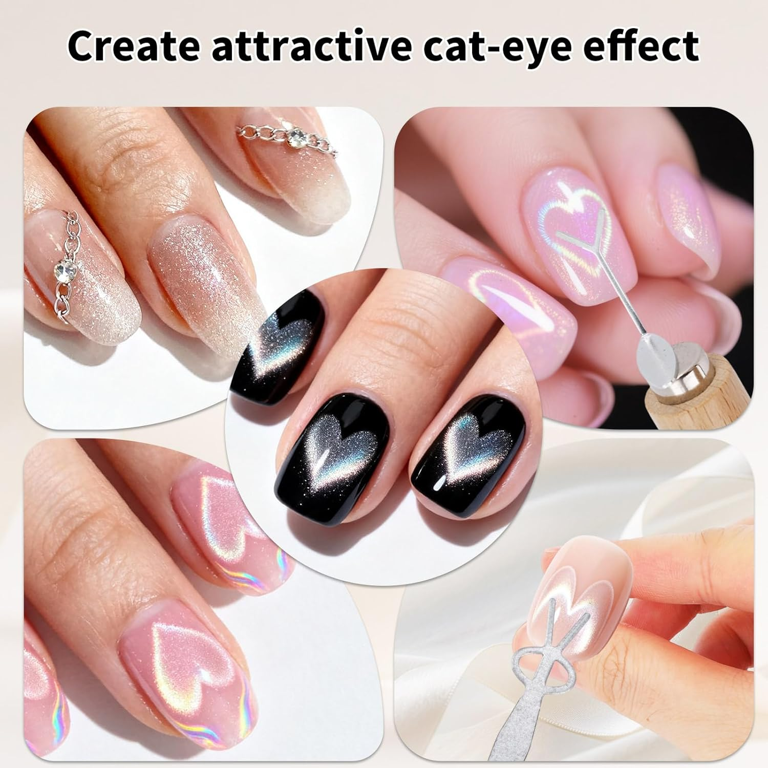 8Pcs 3-In-1 Cat Eye Nail Magnet Tool Set, Including Wooden Handle Magnetic Pen Steel Ball Tip Pen Y & Rabbit Shape Magnets for Cat Eye Gel Polish DIY Home Nail Salon Use image number 6