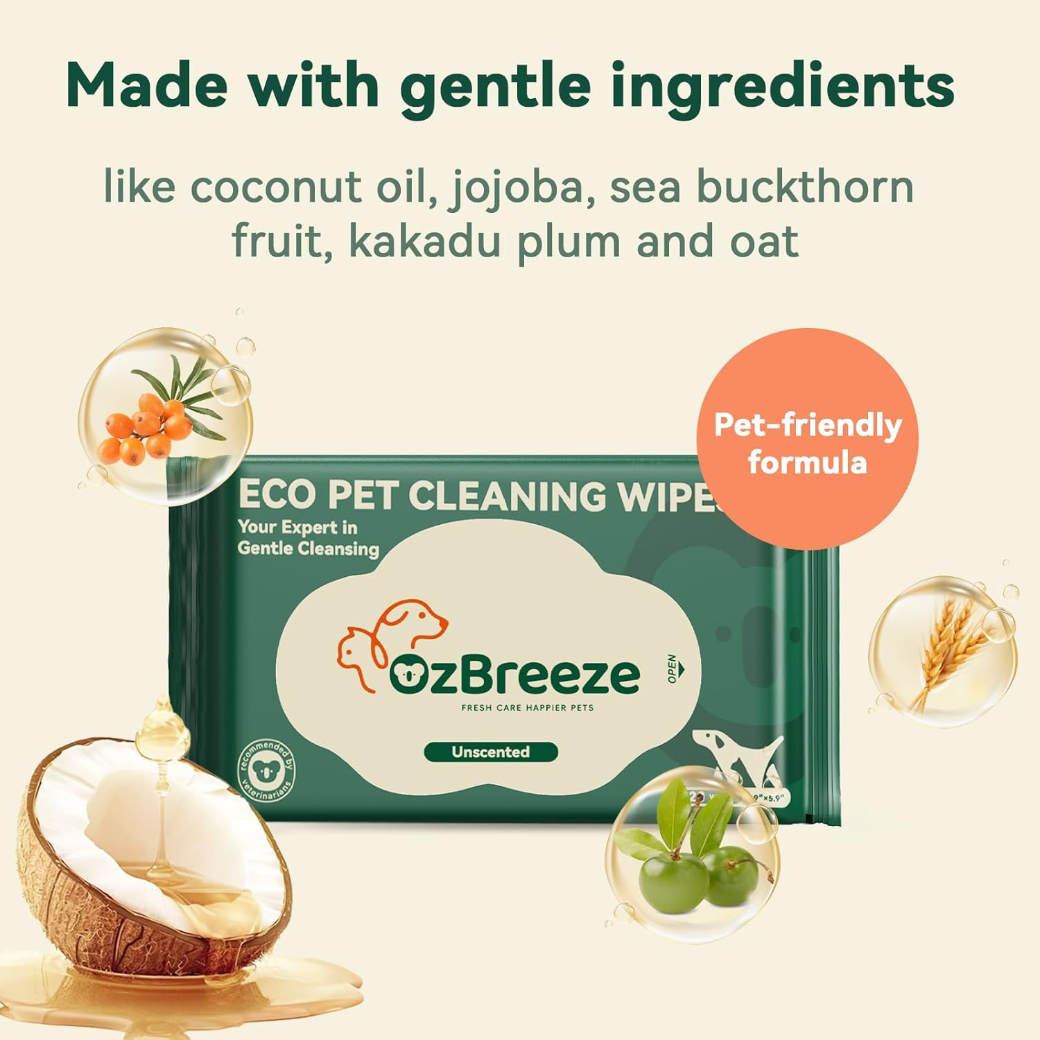 Ozbreeze Fresh Care Happier Pets Cleaning Wipes &ndash; Unscented Grooming Wipes for Dogs & Cats | Coconut Oil, Jojoba, Sea Buckthorn, Kakadu Plum, Oat | No-Rinse Needed | Travel Pack 15&times;20Cm, 7.9"X5.9" image number 3