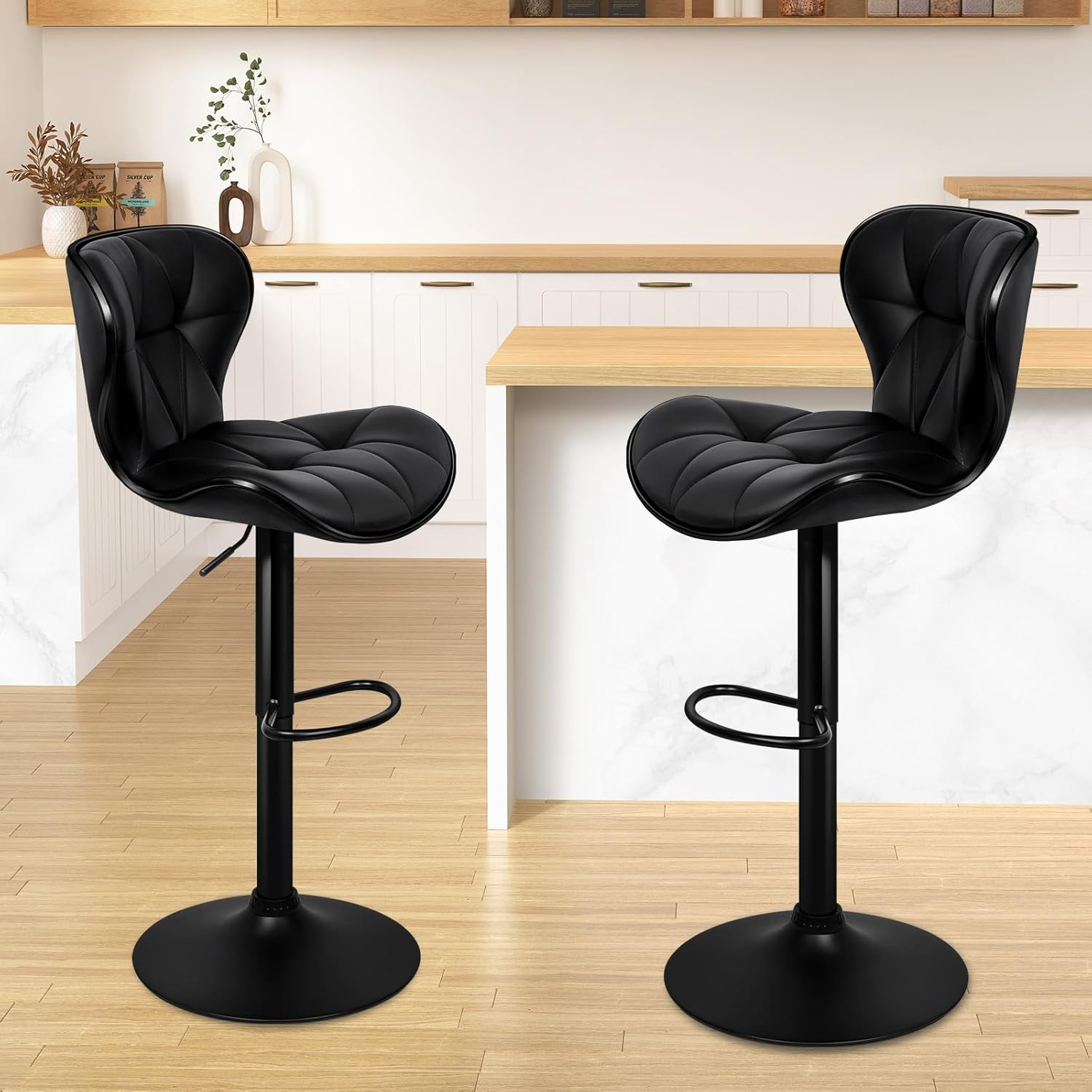 ALFORDSON Bar Stool 2Pcs Swivel Kitchen Stools Willa Adjustable Counter Barstools Black Dining Chair in 62-84Cm Seat Height with Antiskid Floor Protector for Home Bar Dining Room