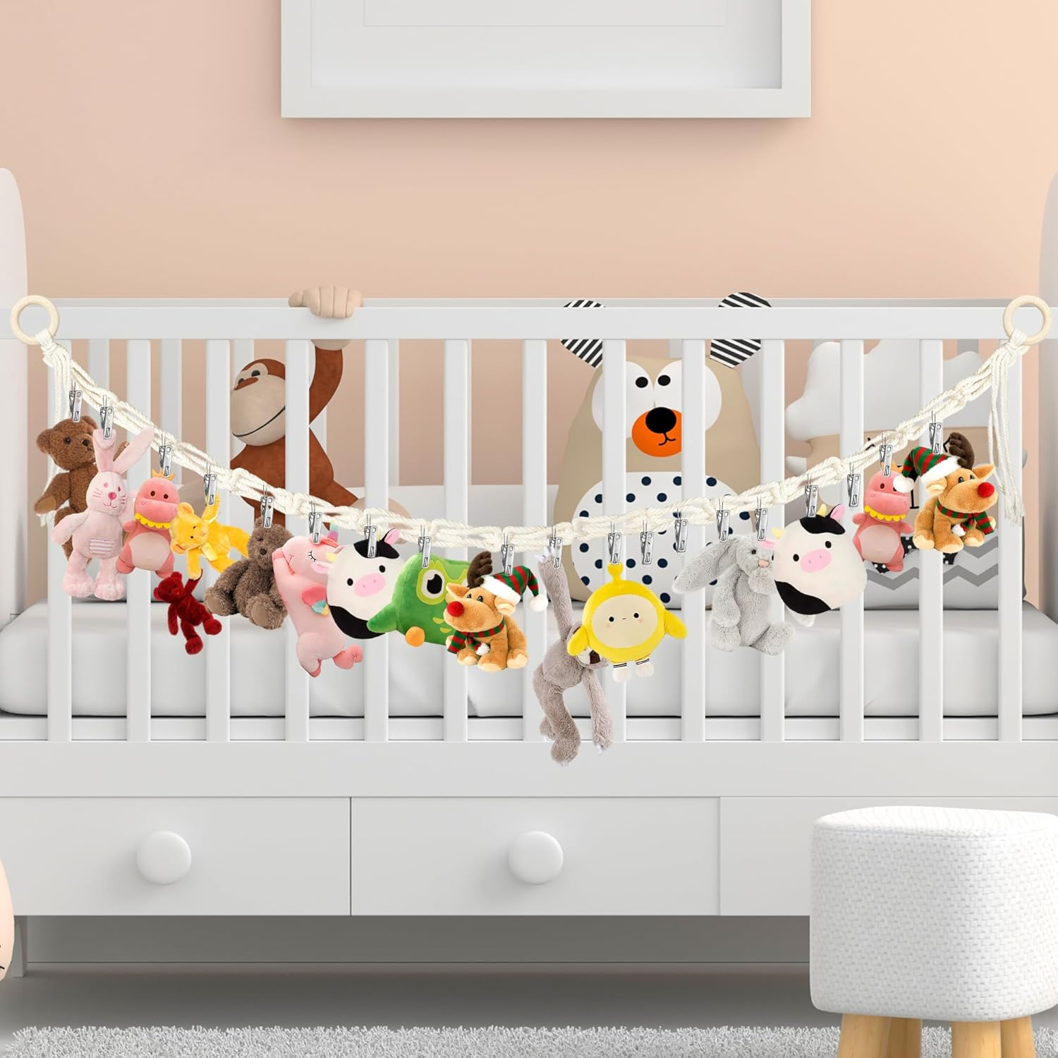 Stuffed Animal Storage Hammock Corner - Hanging Stuffed Animal Holder with 20 PCS Metal Clips, Boho Stuffed Animal Organizer Chain for Hanging Hats Socks Holiday Cards image number 6