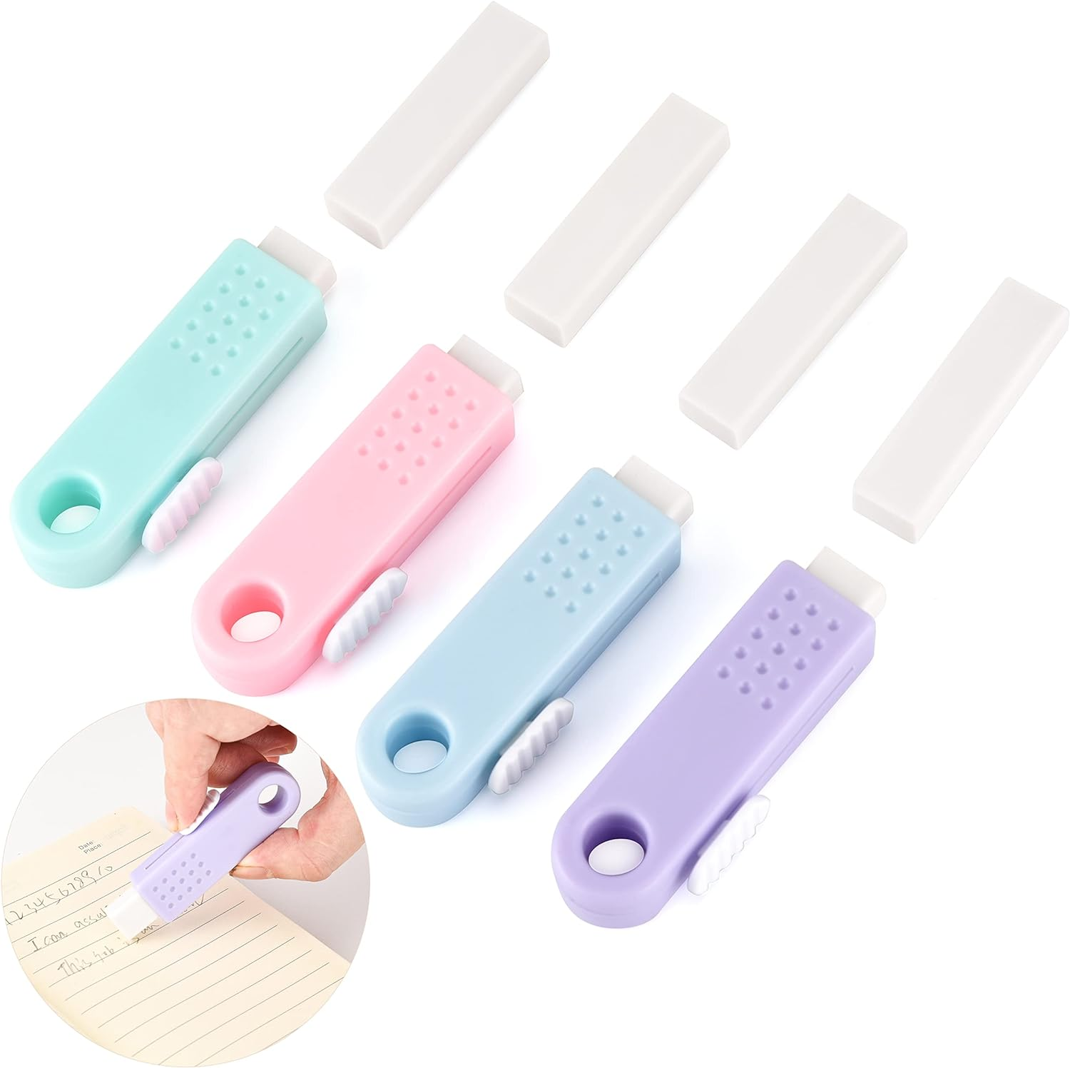 4 Pack Sliding Retractable Click Eraser Assorted Soft Colors Pastel Erasers Push Pull Aesthetic Erasers with Plastic Sleeve for Students Kids, School Office Home Supplies