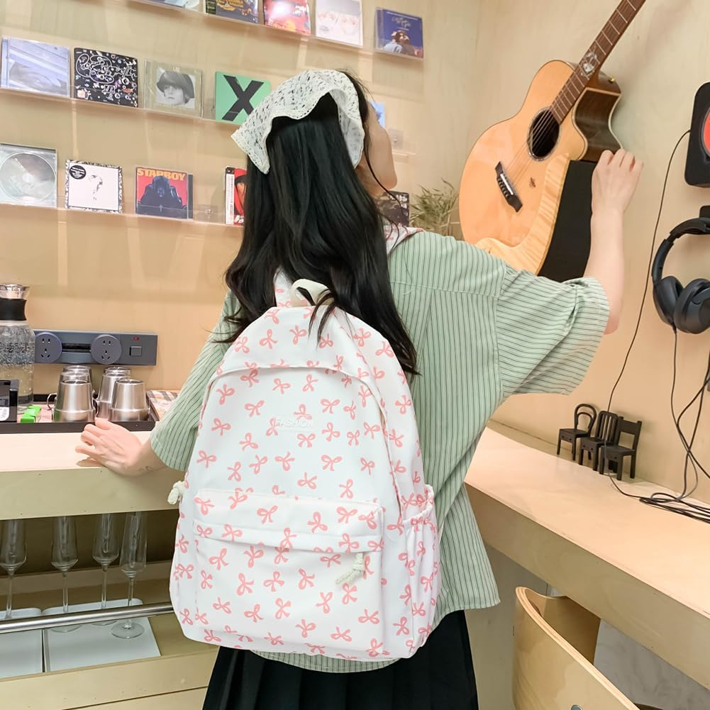 ALINUOYQ Cute Bows Backpack Coquette Aesthetic Backpack for Women Preppy Kawaii Backpack Nylon Laptop Bag Travel Backpack - Khaki image number 7