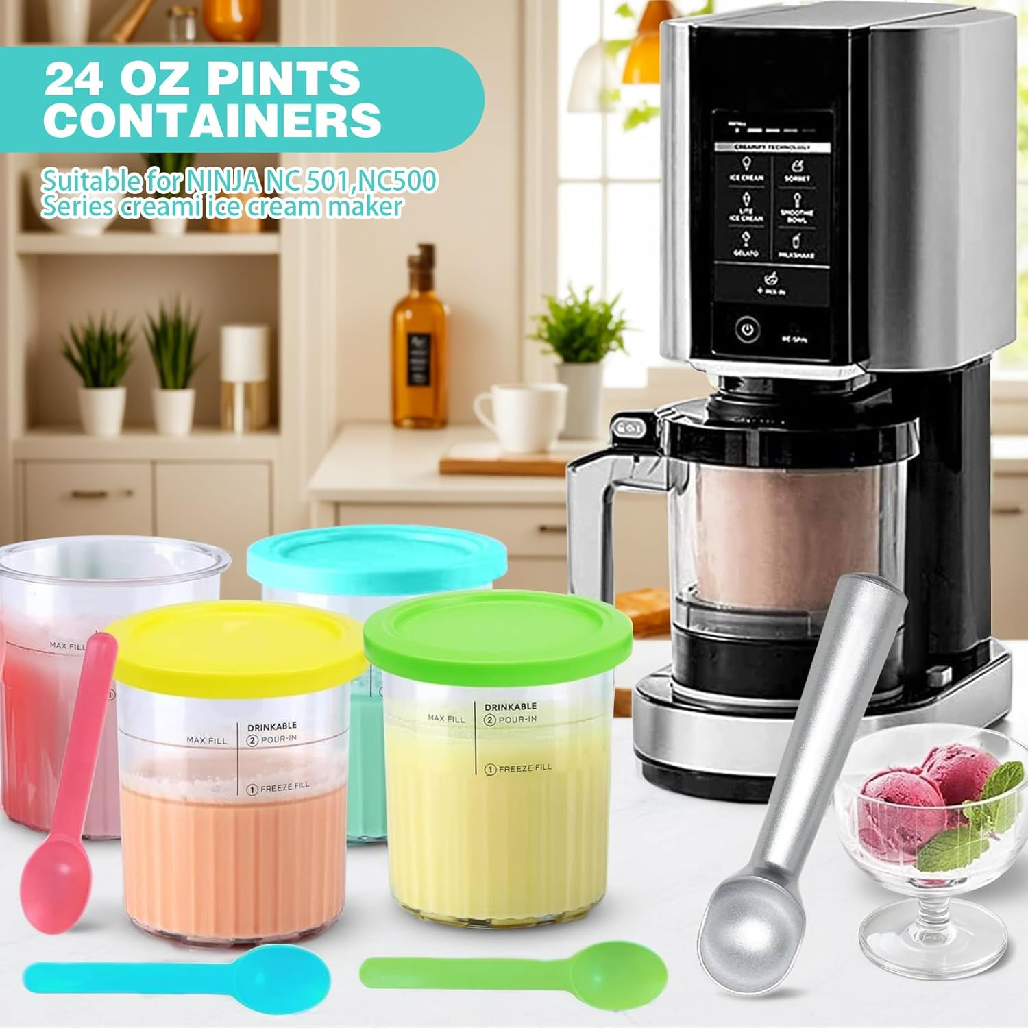 Creami Pints for Ninja Creami Deluxe Tubs, Containers Replacement for Ninja Creami Deluxe NC500 NC501 Series Ice Cream Makers, 24Oz Pints with Lids,Bpa-Free(4 Pack) image number 6