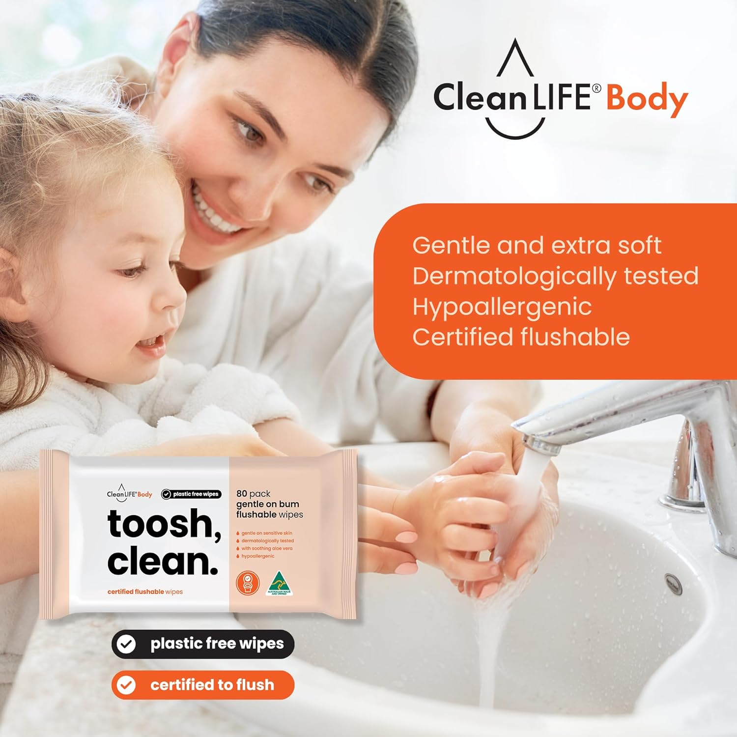 Cleanlife Flushable Wipes &ndash; Toosh, Clean for Sensitive Skin Extra Soft, Aloe Vera & Vitamin E, Hypoallergenic, Dermatologically Tested, 80 Wipes, 8-Pack image number 4