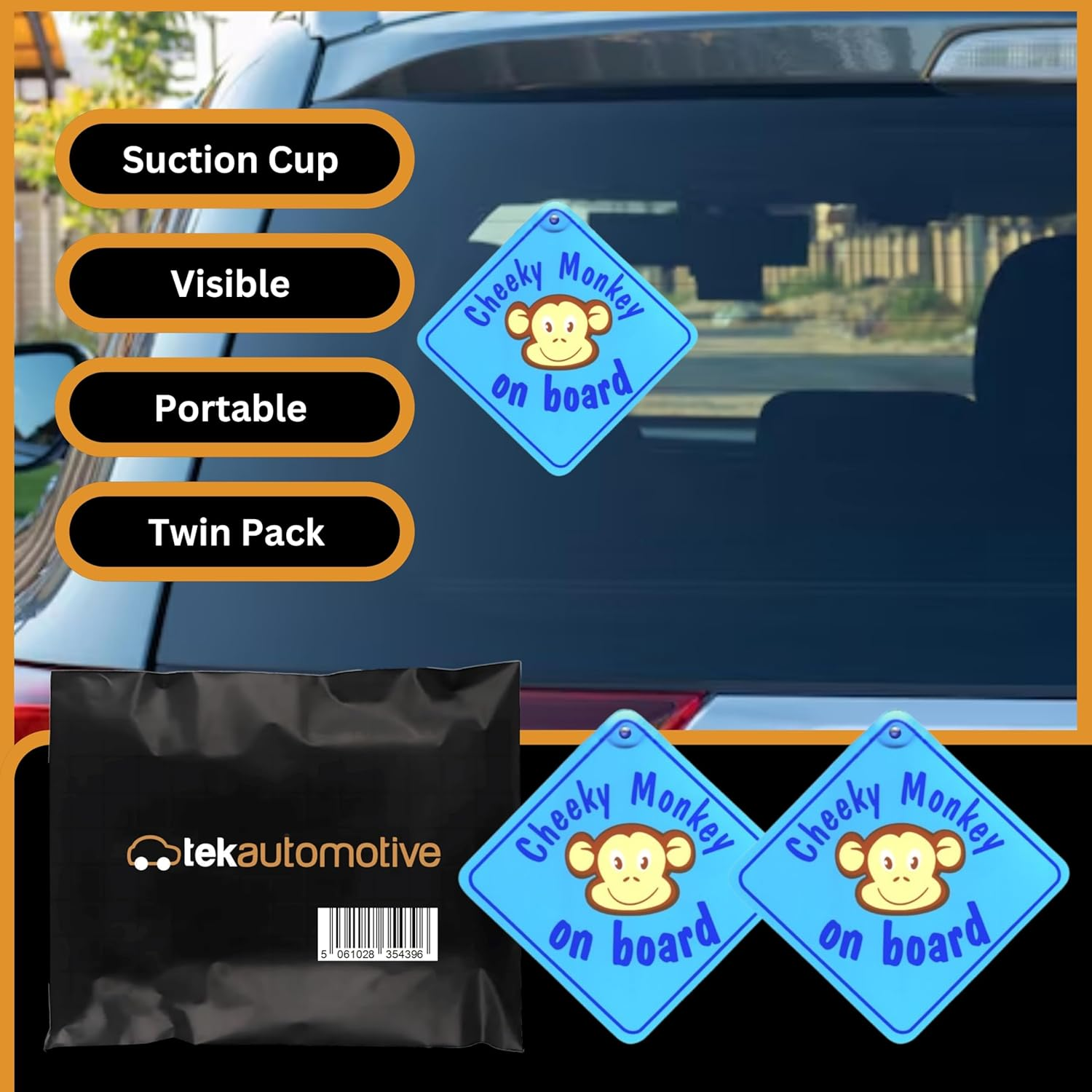 Blue Cheeky Monkey on Board Car Sign | Twin Pack | Baby on Board Sign for Car | 5.5" X 5.5" with Suction Cup | Baby Car Sticker | Fun Baby on Board Badge for Kids Safety image number 3