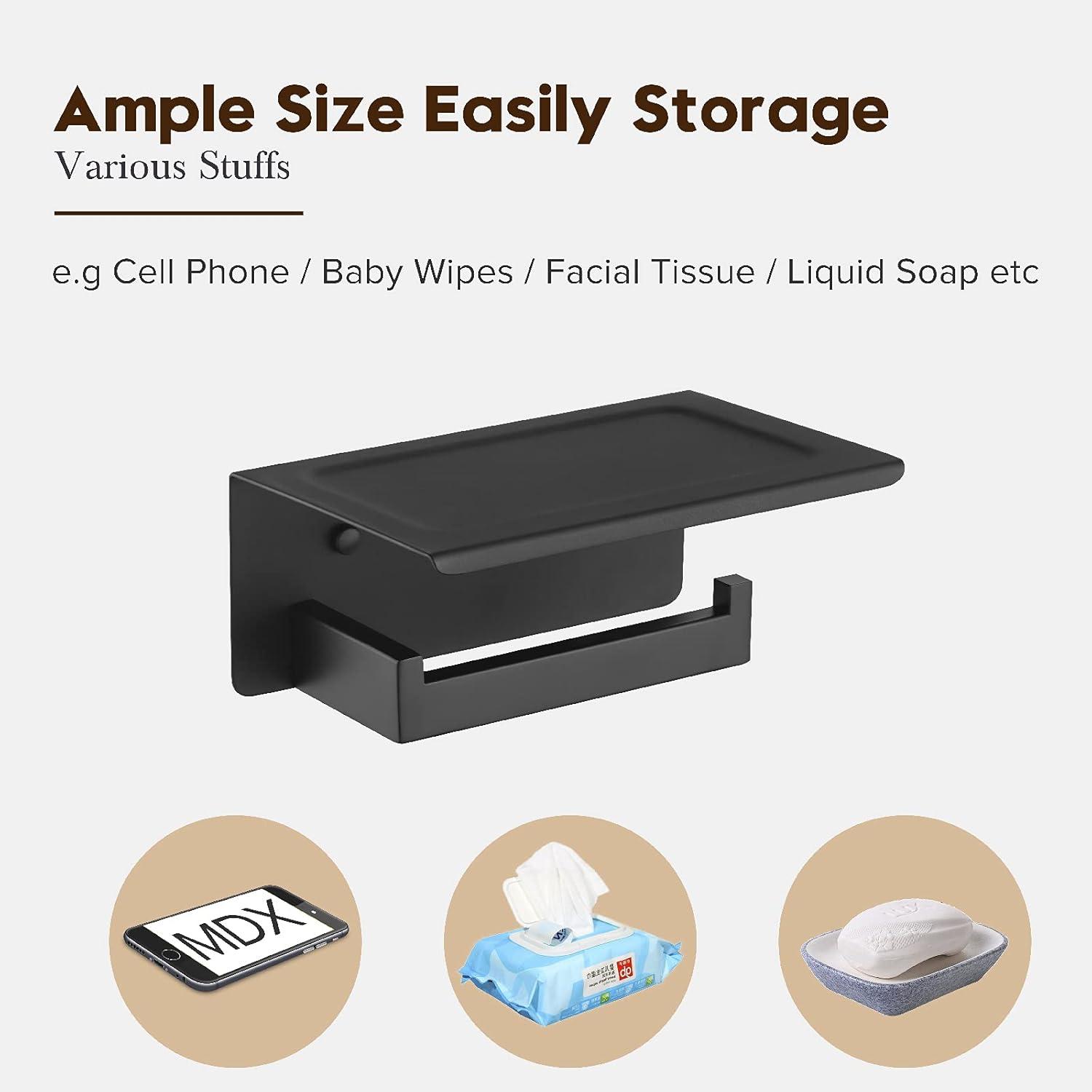 Decaura Toilet Paper Roll Holder with Phone Shelf Wall Mounted 304 Stainless Steel Bathroom Modern Tissue Towel Holder (Black) image number 6