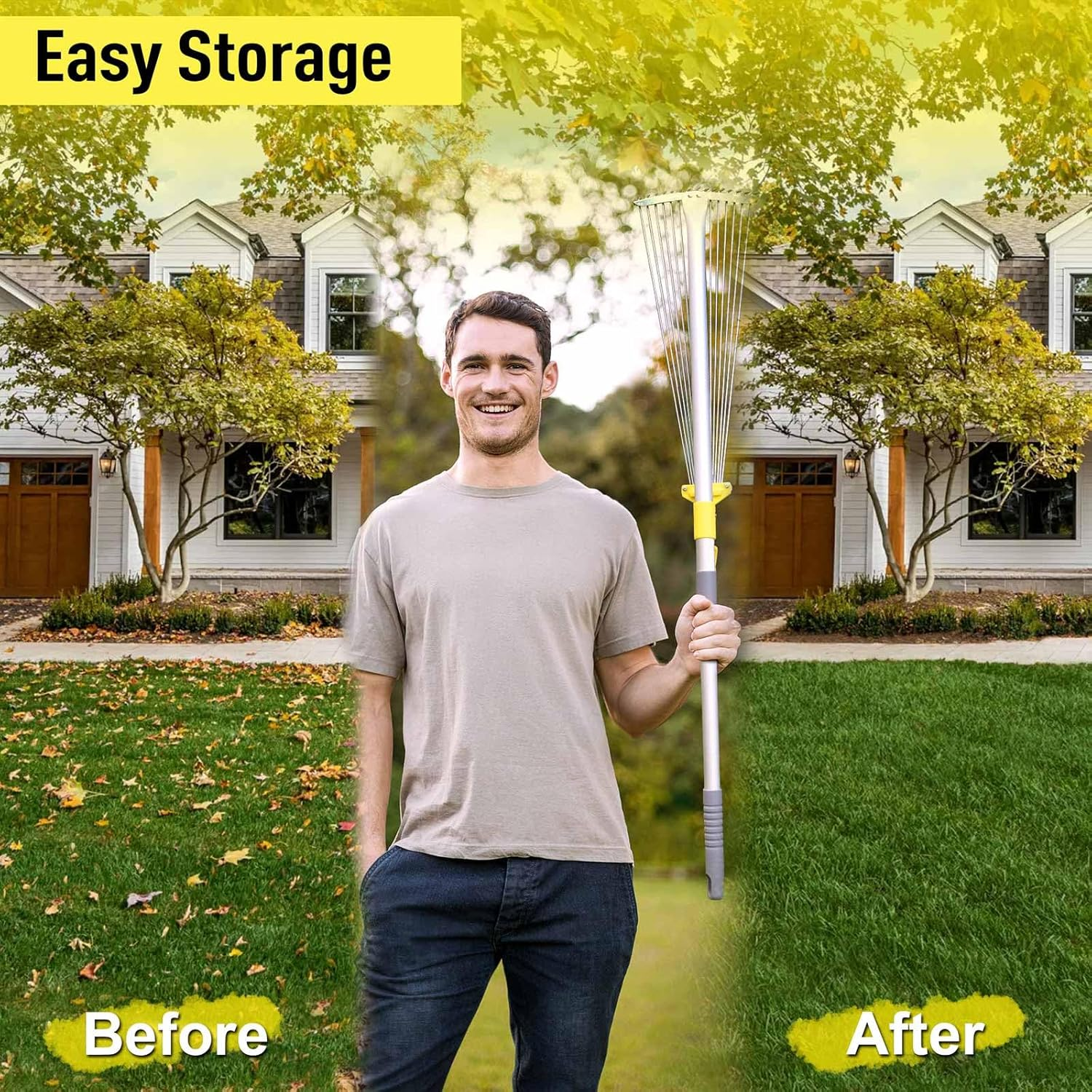 Jardineer 63 Inch Lightweight Garden Leaf Rake for Lawns, Adjustable Yard Rake for Leaves, Metal Lawn Rake with 23" Expandable Bigger Head.Ideal Garden Tools Gifts. One Year Warranty image number 4