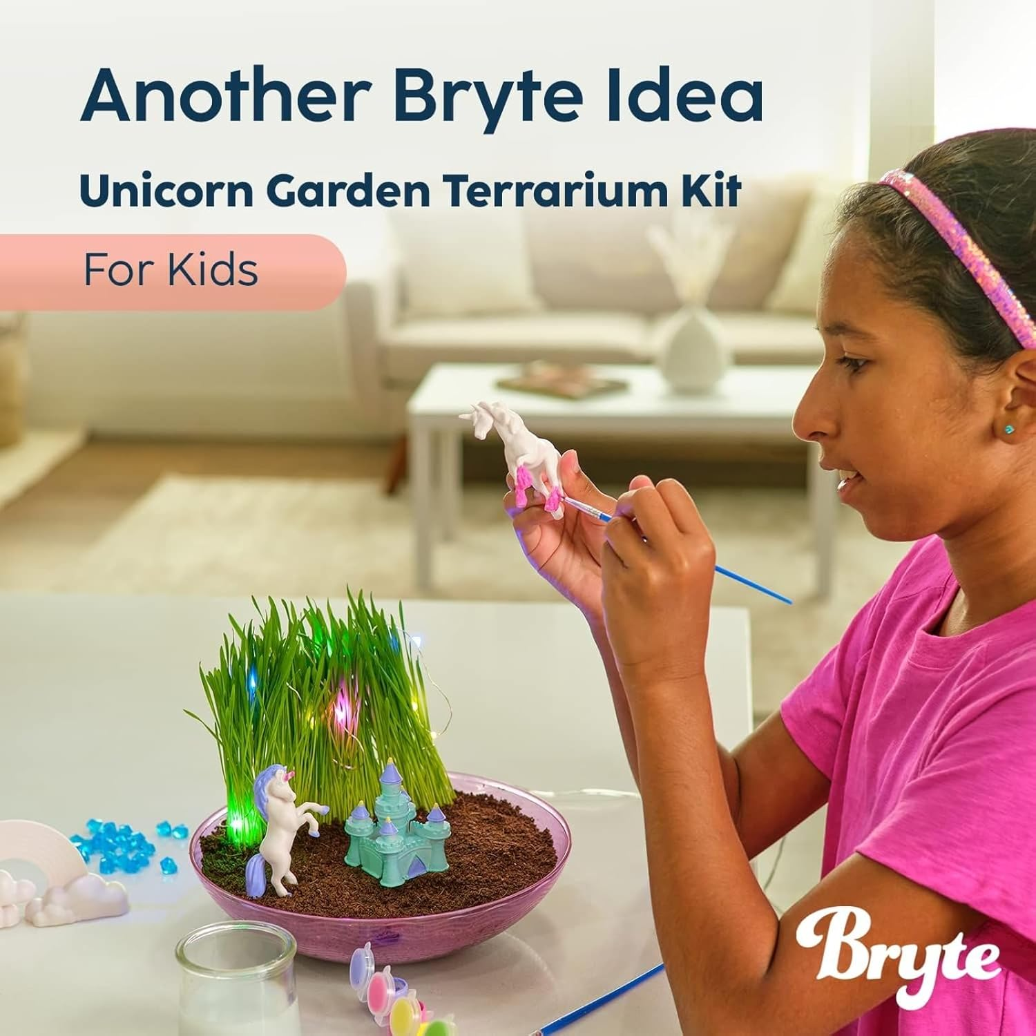 BRYTE Light up Unicorn Terrarium Kit - Blue & Pink round Plastic Dome, Ages 4-12 - Fairy Garden Kids Kit with Seeds & Terrarium Rock image number 1