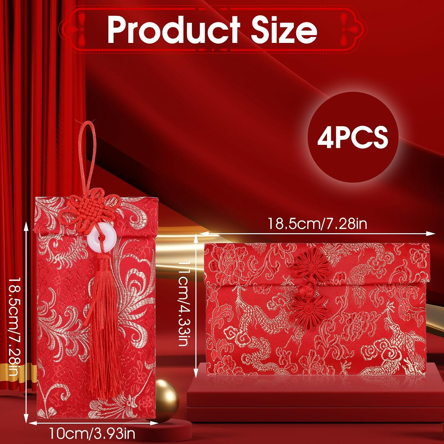 4 Pcs Silk Red Envelopes Chinese Dragon and Phoenix Embroidered Chinese Red Pocket Lucky Pockets Hongbao Invitation Card Cash Envelope for New Year Spring Festival Wedding Birthday Chinese Knot Button image number 2