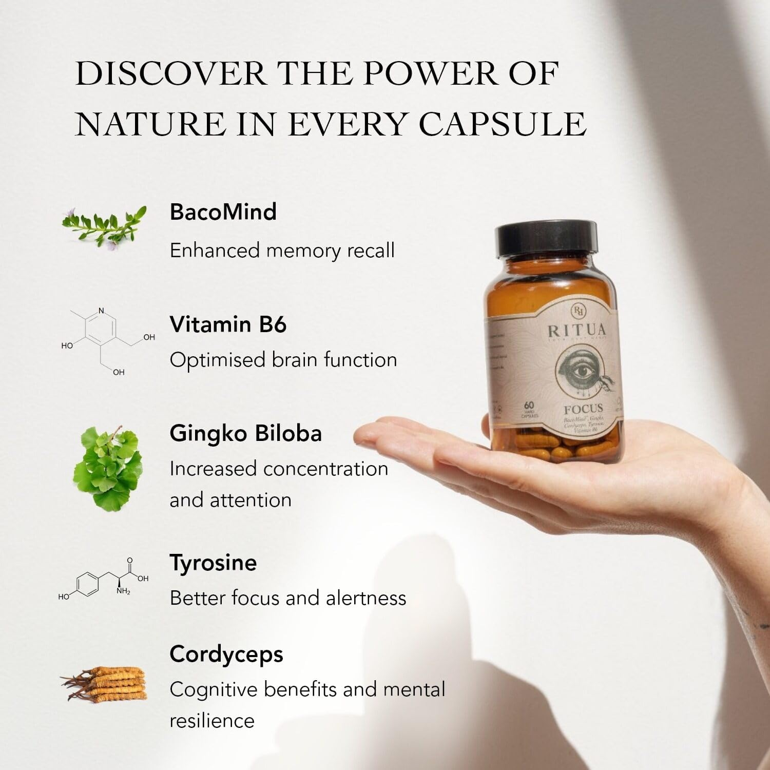 Wellness Nootropic Mushroom Blend with Bacopa, Gingko, Cordyceps & Amino Acids, 60 Capsules for Adults image number 4