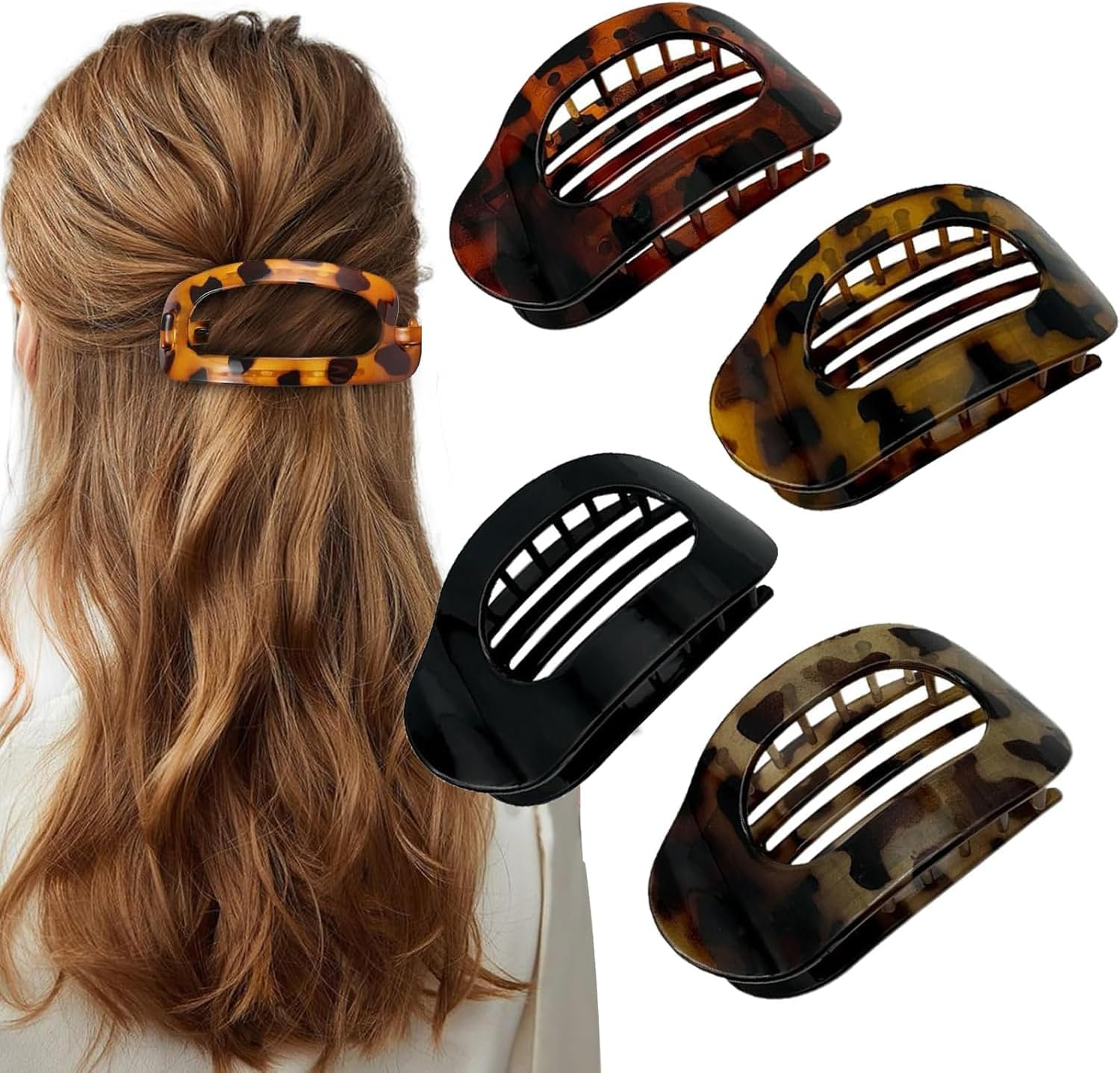 Small Flat Claw Clips for Women, Stylish Flat Hair Clips for Women, Strong Hold for Thick & Fine Hair | Non-Slip for Secure, Comfortable All-Day Wear-Tortoise Design (4PCS-A)