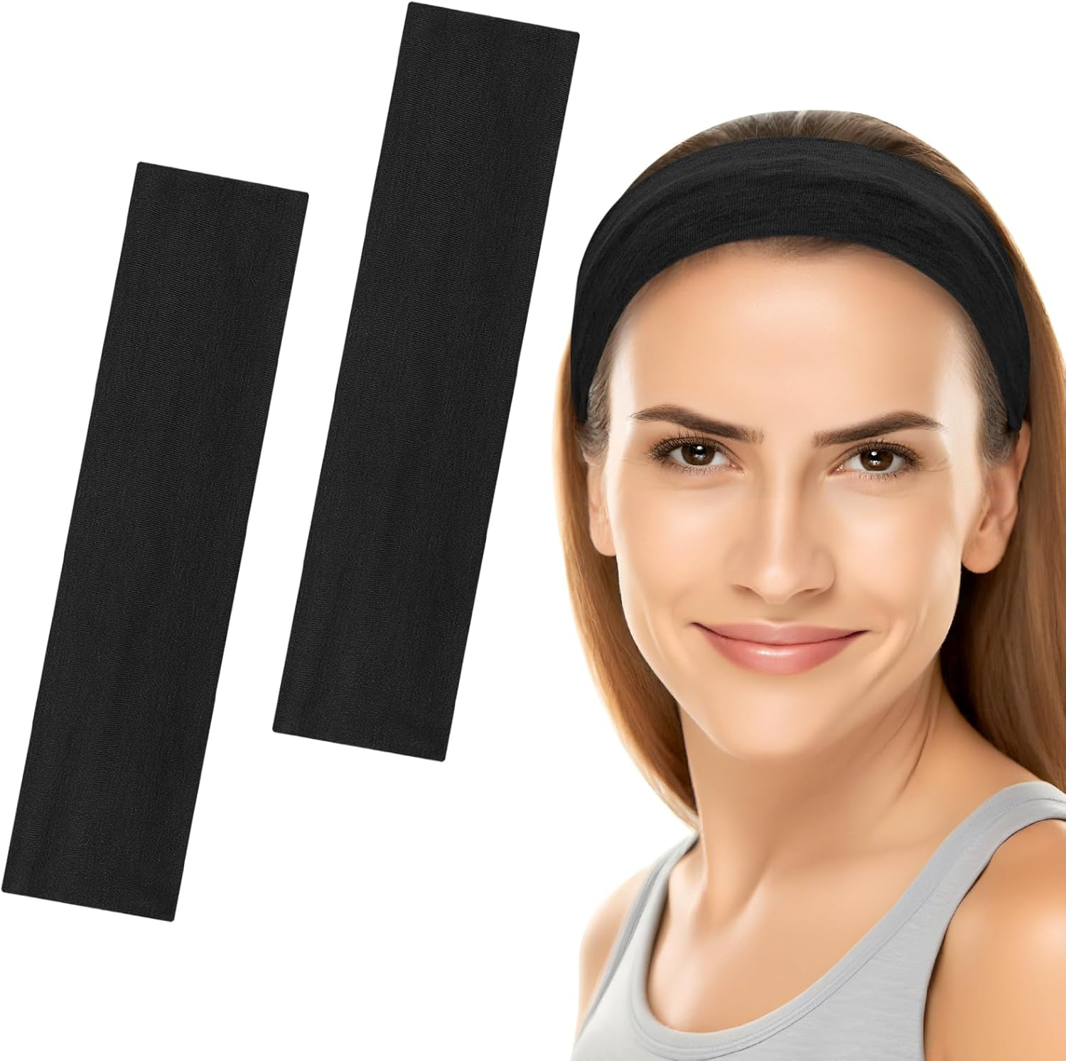 6Cm Wide Headbands for Women Men, [2 PCS] Unisex Fashion Head Bands for Women'S Hair, Soft Fabric Stretchy Elastic Hair Bands for Makeup, Yoga, Running (Black+Black, One Size)