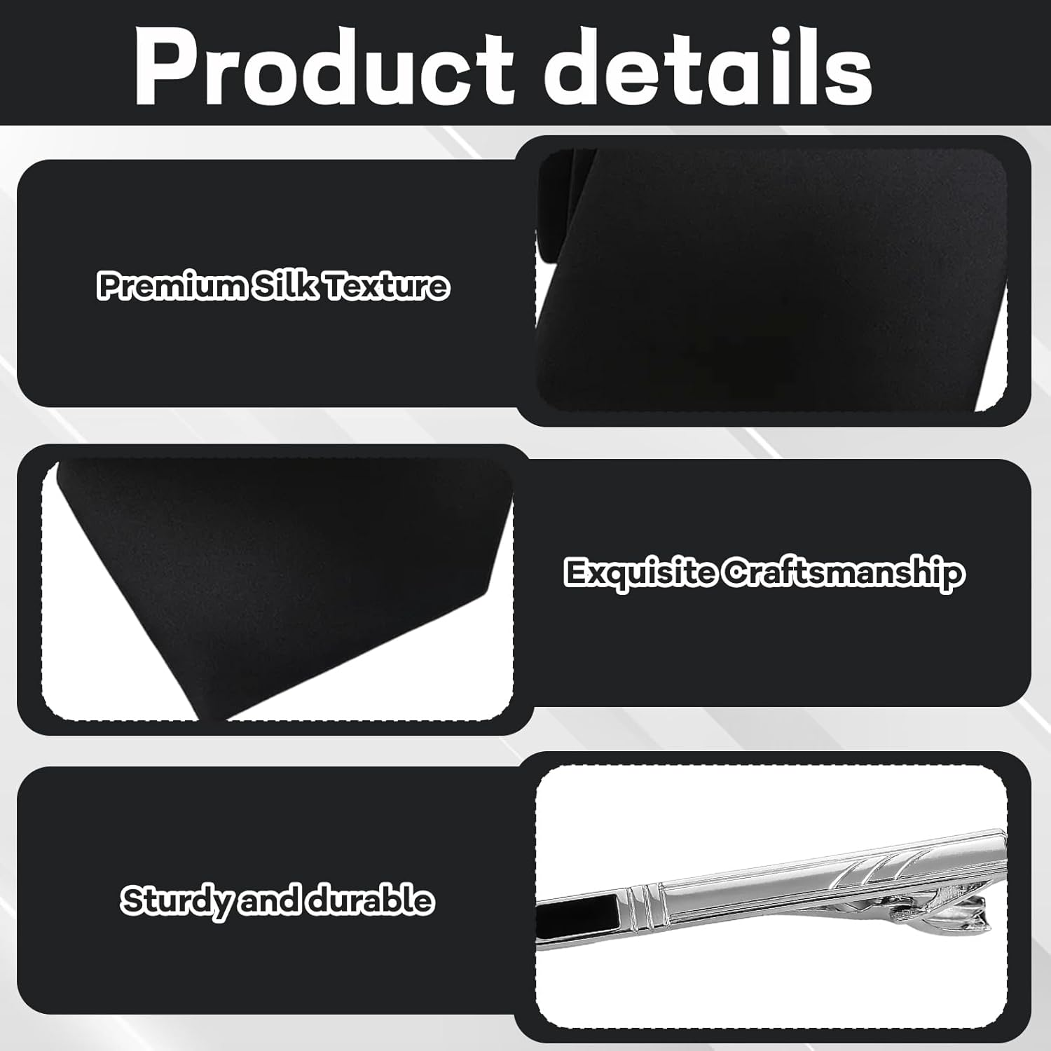 Black Tie for Men, Classic Formal Necktie with Silver Tie Clip, Elegant Accessory for Business Meetings and Weddings, 145 Cm Length, 8 Cm Width image number 5