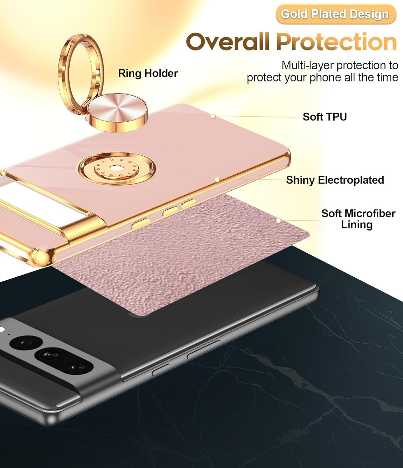 Leyi for Google Pixel 7 Pro Case: 360&deg; Rotatable Ring Holder Magnetic Kickstand, Plating Rose Gold Edge Protective Google Pixel 7 Pro Case, Pink image number 3