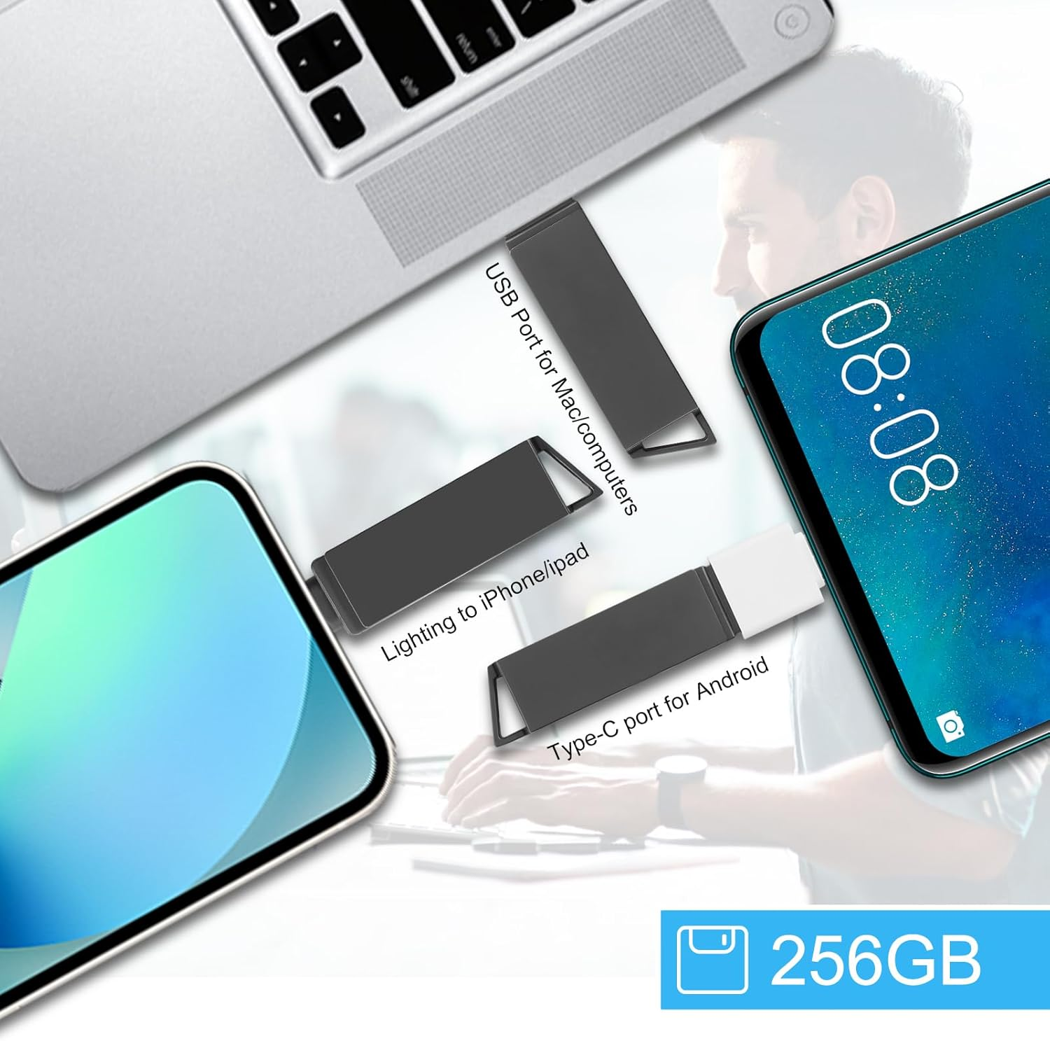 Iphone Flash Drive,3 in 1 USB 3.0 Flash Drive,Iphone Photo Stick,256Gb USB Memory Stick Iphone Thumb Drive USB Drive Data Storage for Iphone 16/15/14/13/12/11/X/Xs.../Pc/Ipad and More Devices(Black) image number 5