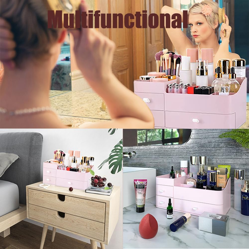 FOREVERIE Makeup Organisers Drawers, Plastic Cosmetic Case Storage, 3 Tier Desk Organiser Display, Jewellery Organiser Box for Bathroom, Bedroom and Home Office, Pink image number 6