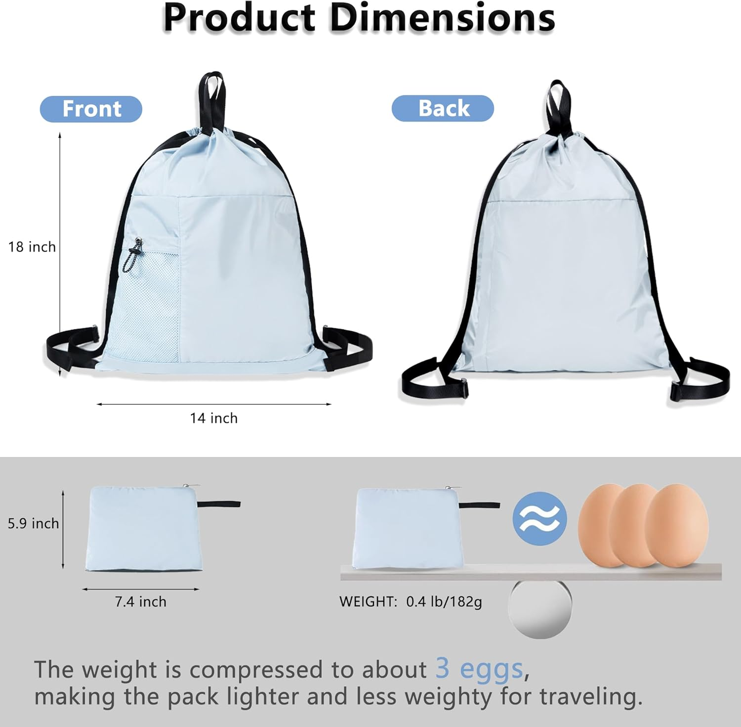 Packable Drawstring Travel Backpack, Hiking Swimming Waterproof Bags image number 5