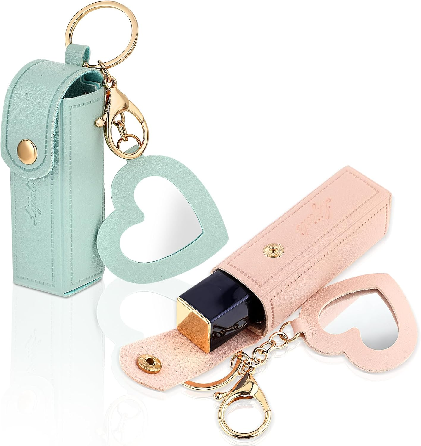 Ouligay 2 Pieces Leather Lipstick Cases Portable Lipstick Keychain Holder Chapstick Holderchapstick Keychain Holder for Women Party,Holiday Gifts(Green,Pink), Green,Pink image number 1