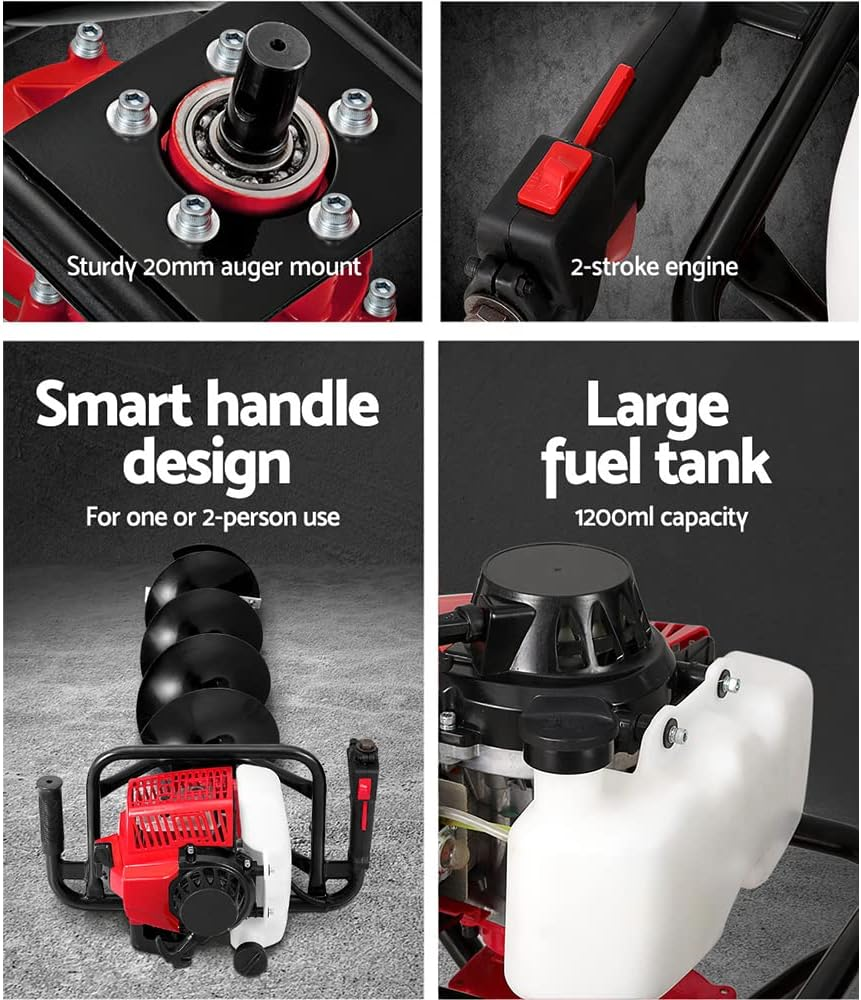 Giantz Post Hole Digger 63Cc Electric Garden Auger Ground Drill Bit Set Power Tools Hand Tool Gardening Accessories Gifts for Seedlings, Flowers Plant Fence Extension, 180Cm Depth and 200Mm Diameter