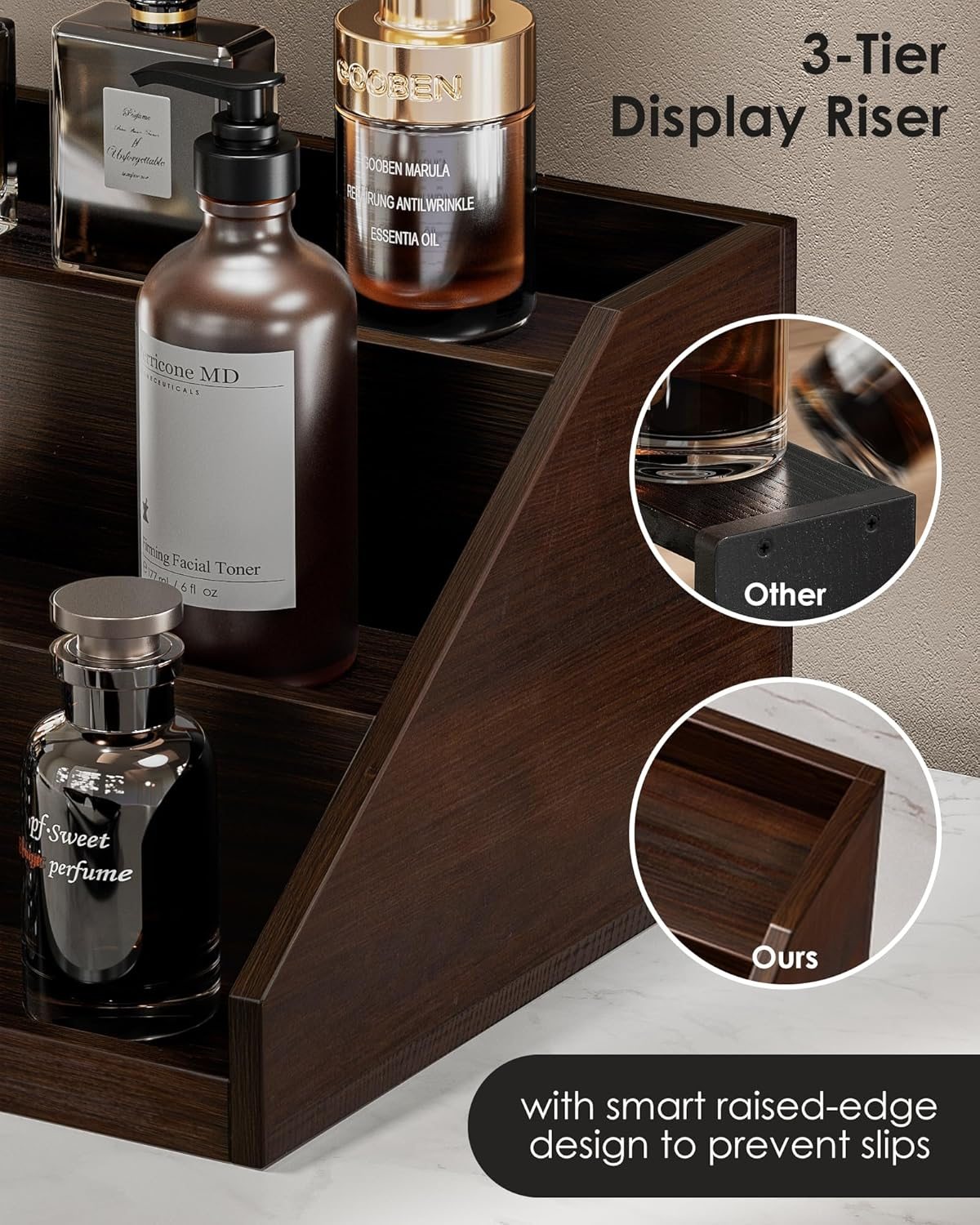 Procase Wood Men&rsquo;S Cologne Organizer with Drawers, 3 Tiers Perfume Elevated Storage Display Shelf Stand Countertop Riser for Cologne Skin Care Hidden Compartment for Father Men -Brown - Black image number 3