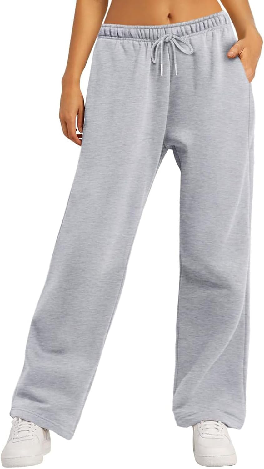 Women'S Causal Drawstring High Waist Baggy Straight Wide Leg Sweatpants Solid Color Loose Trousers with Pockets image number 3