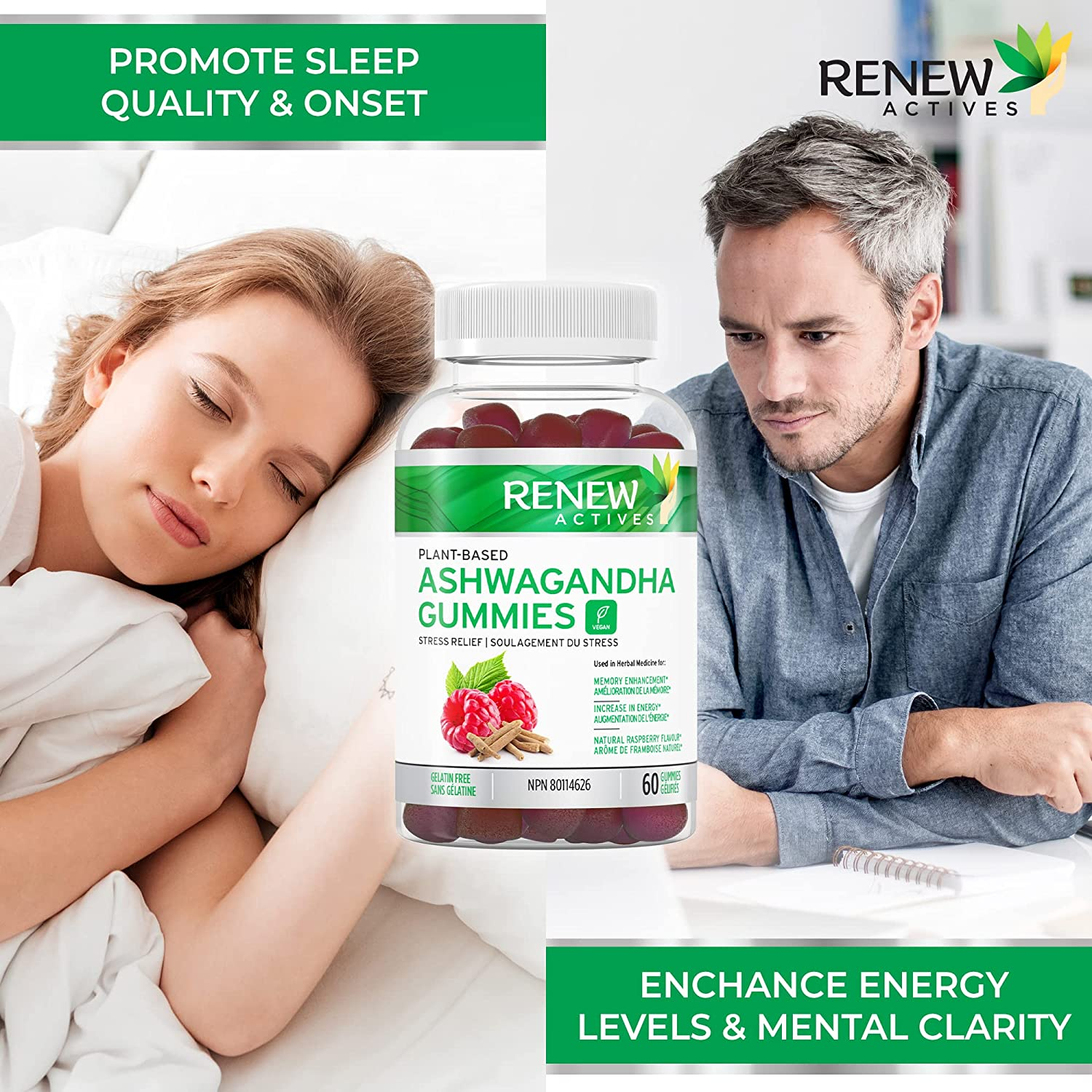 RENEW ACTIVES Ashwagandha 100MG per 4 Gummies &ndash; Memory, Focus & Energy Boost &ndash; Traditionally Used as a Rejuvenative Tonic &ndash; Vegan, Herbal Adaptogen &ndash; Made in Canada &ndash; 60 Gummies image number 3