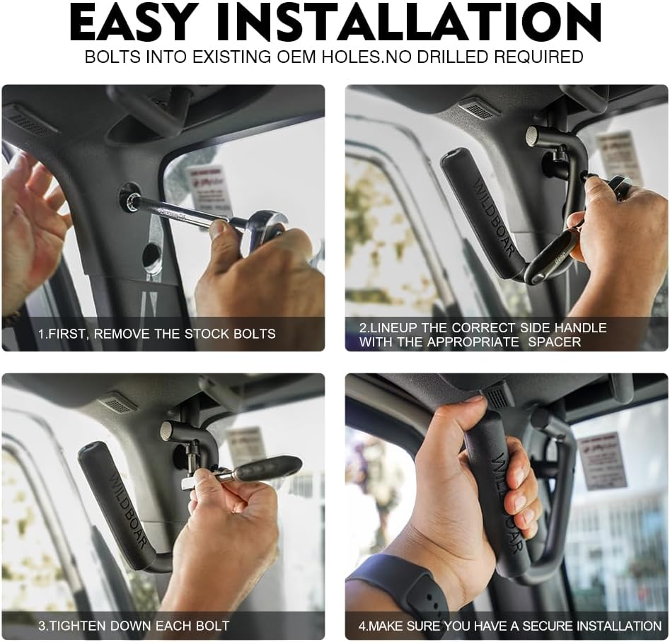 Xprite 4-Piece Front & Rear Aluminum Grab Handles Kit, Heavy-Duty Roll Bar Grab Handles Compatible with 2007-2018 Jeep Wrangler JK JKU 2/4 Door, Rugged Off-Road Interior Accessory (Black) image number 3