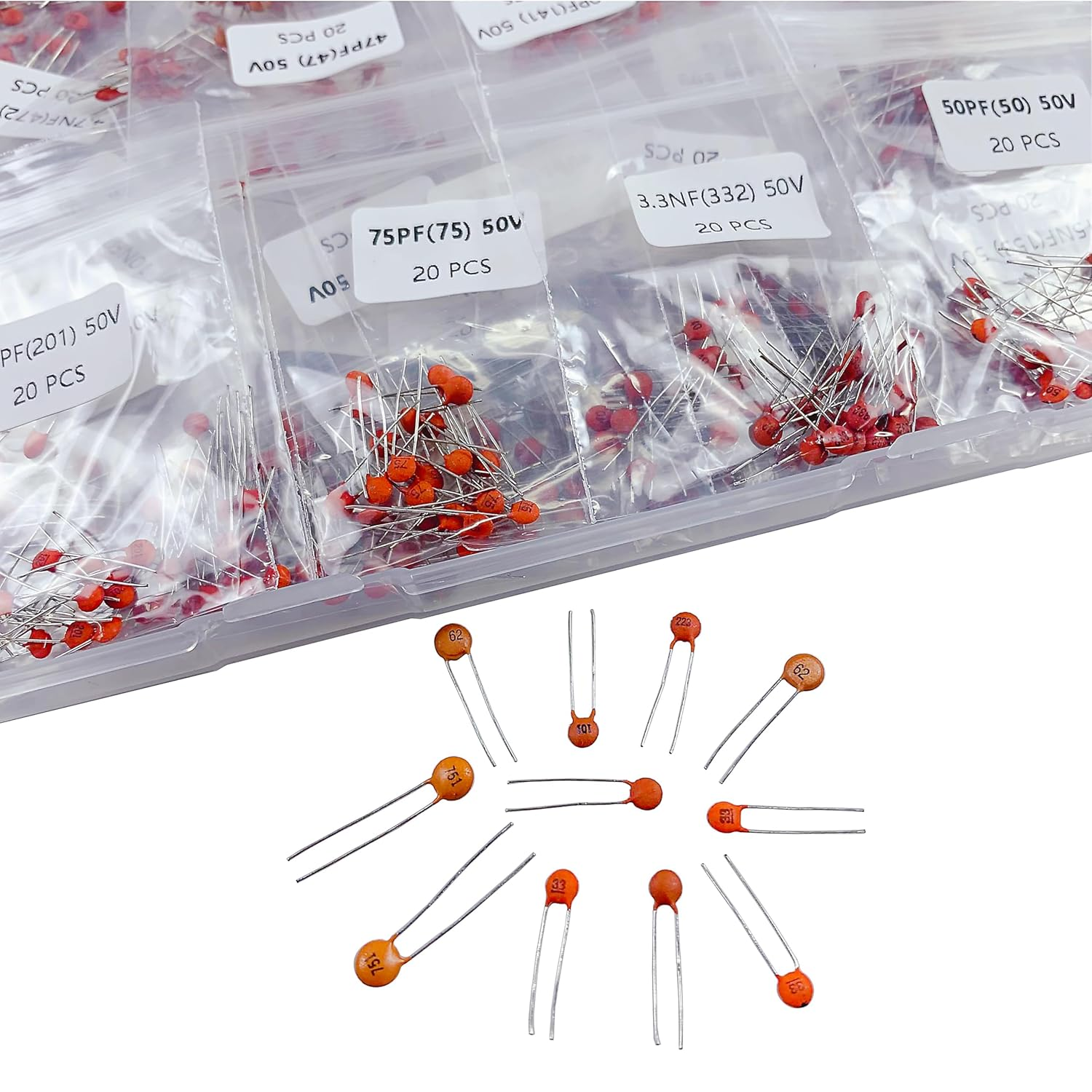 PANMILED 60 Values 1200 Pieces Ceramic Capacitor 1Pf-100Nf 50V Multilayer Monolithic Chip Capacitors Assortment Kit image number 1