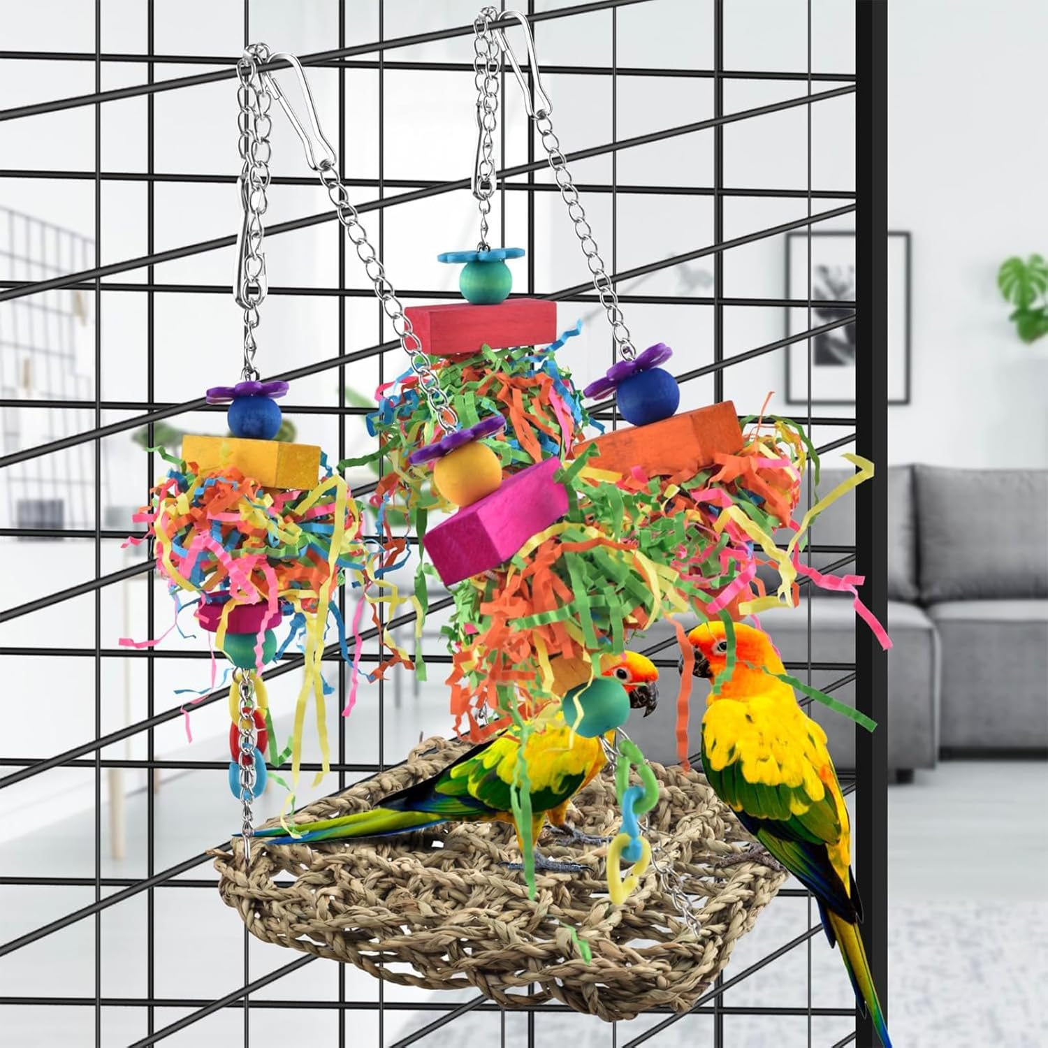 Cozioz Bird Grass Swing Mat &ndash; Parrot Climbing Hammock with Colorful Toys, Perfect for Conures, Parakeets, Cockatiels, Sun Conures, Lovebirds, Budgies, and Small Birds