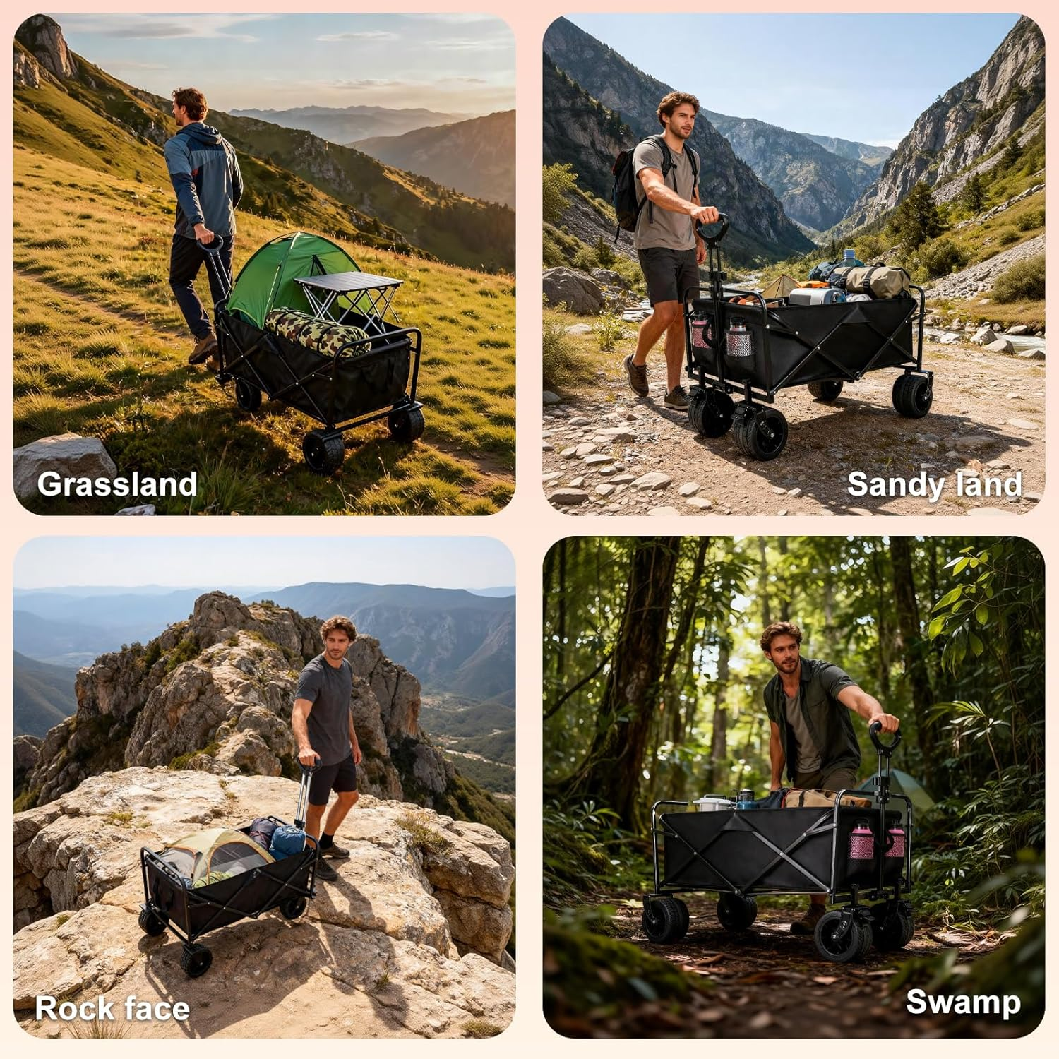 Folding Wagon Cart Heavy Duty, 150Kg(330Lbs) Capacity, Collapsible Utility Cart with Silent Wheels for Camping Beach Grocery Shopping Garden, Adjustable Handle image number 2