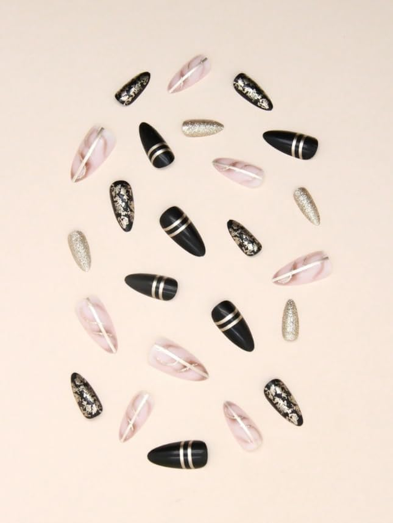 24-Piece Press on Nails, Lots of Patterns, Shapes and Colours, with Nail File and Tape - Reusable - Luxury (Black Gold Pattern - Almond) image number 1