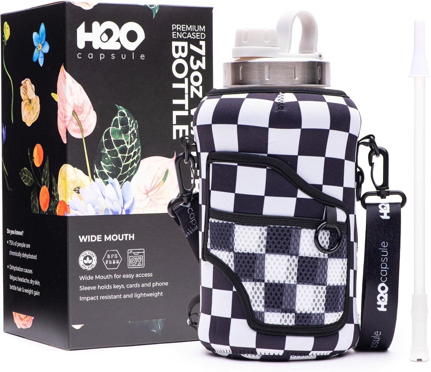 H2O Capsule 2.2L Half Gallon Wide Mouth Water Bottle with Storage Sleeve and Removable Straw - Hydration Tracker Jug with Measurements Marked &ndash; Shatterproof Bpa-Free, Jet Black