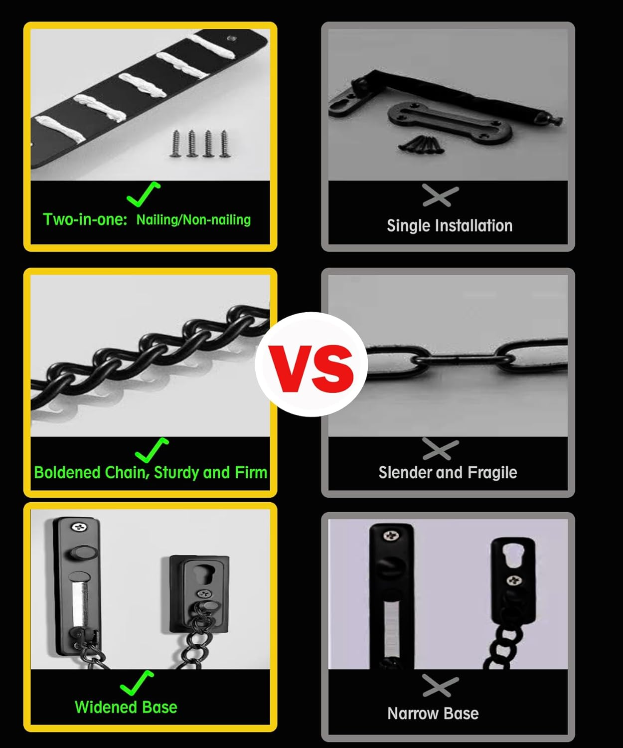 Security Door Chain Lock, Heavy - Duty Stainless Steel Door Guard with 2 Installation Methods (Screws & Glue), anti - Theft Chain for Home, Hotel, Door, Window, Drawer, Cabinet（1 Pack, Black） image number 3