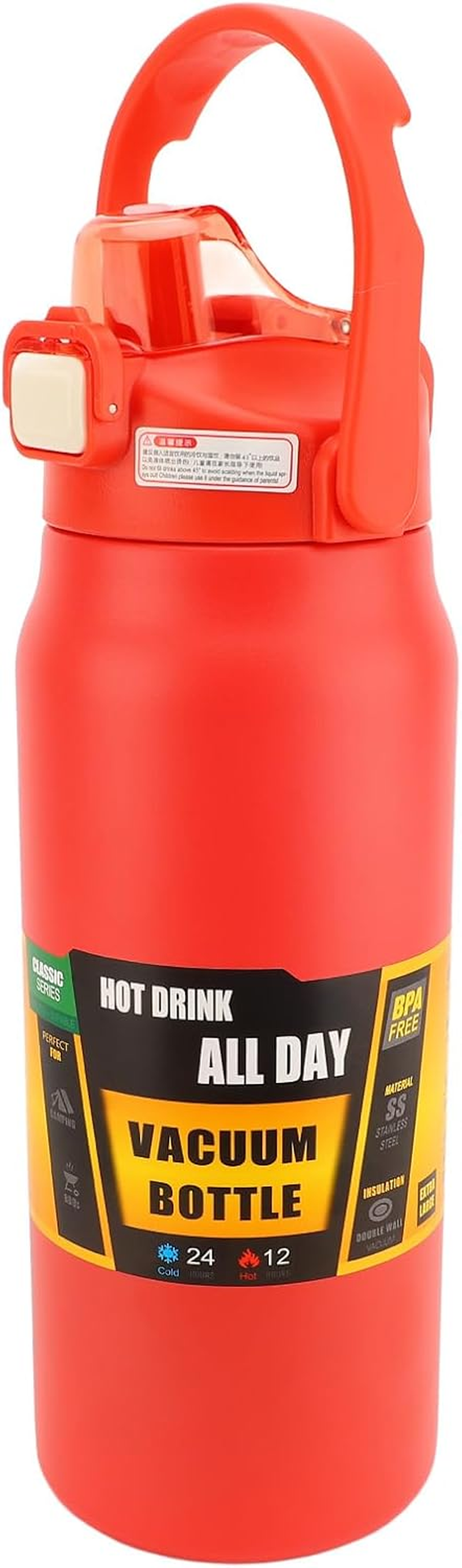 Bewinner 304 Stainless Steel Insulated Water Bottle 1.5L, Straw Lid Handle Reusable Wide Mouth Vacuum Bottle for Gym Fitness (White)