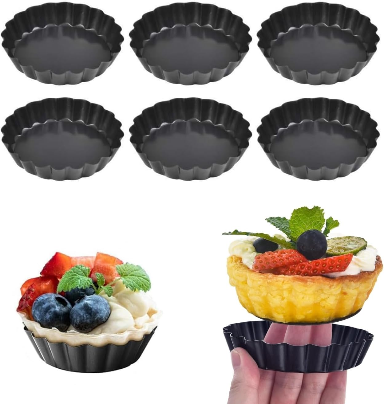 MEZOKUCEL 6 Pcs Mini Tart Pans with Removable Bottom round Nonstick Quiche Pan, Heavy Duty Fluted Side Pie Tart Molds for Tartlets, Mousse Cakes, Pizza, Dessert Baking Quiche Pan Bakeware (10CM)