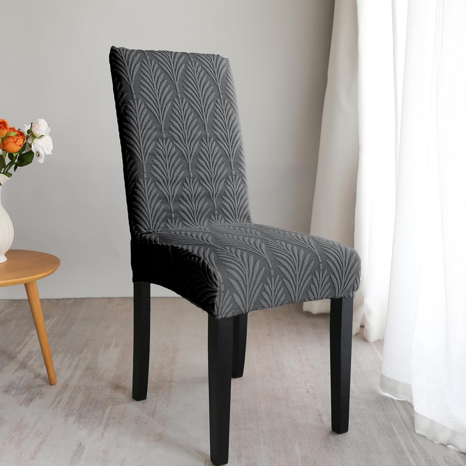 Dining Chair Covers, Stretch Kitchen Chairs Covers,Jacquard Dining Chair Covers Set of 6,Removable Washable Dining Chair Covers for Home Living Room Kitchen Banquet Hotel (6, Leaves-Medium Grey) - 6, Diamond-Beige image number 6