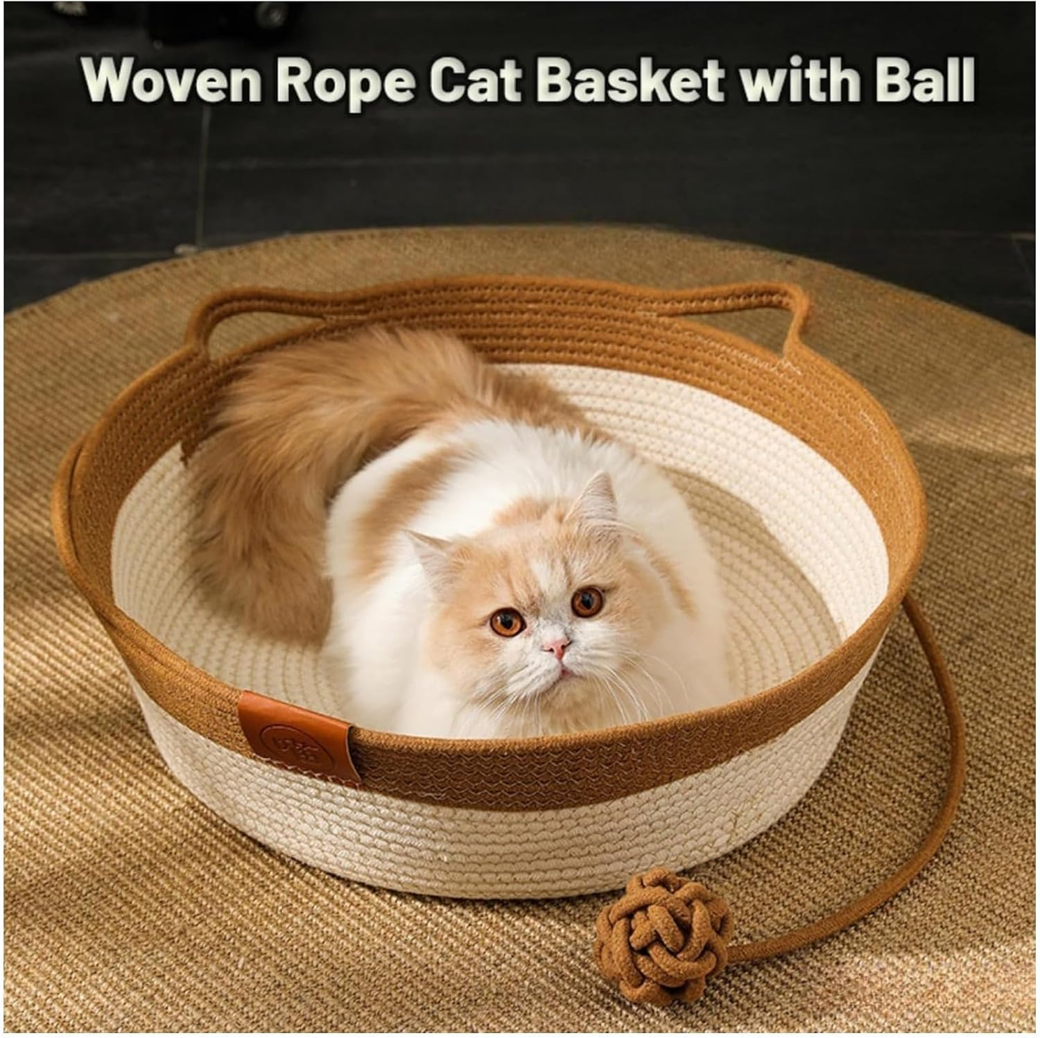 Handwoven Cotton Rope Cat Basket Breathable & Easy to Clean, Foldable Scratchable Cat Bed with a Playing Ball for Kittens (Grey with Cushion-M) - Grey With Cushion-M image number 4