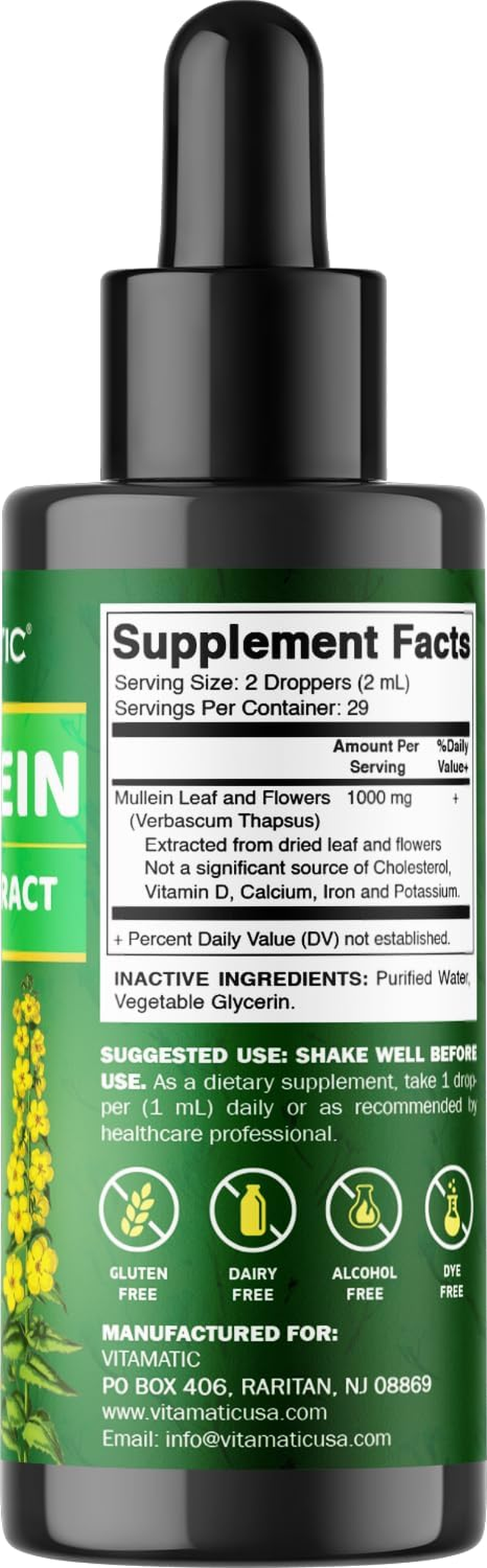 Vitamatic Liquid Mullein Leaf 1000Mg per Serving - Supports Healthy Respiratory, Bronchial & Immune Function - 2 FL OZ