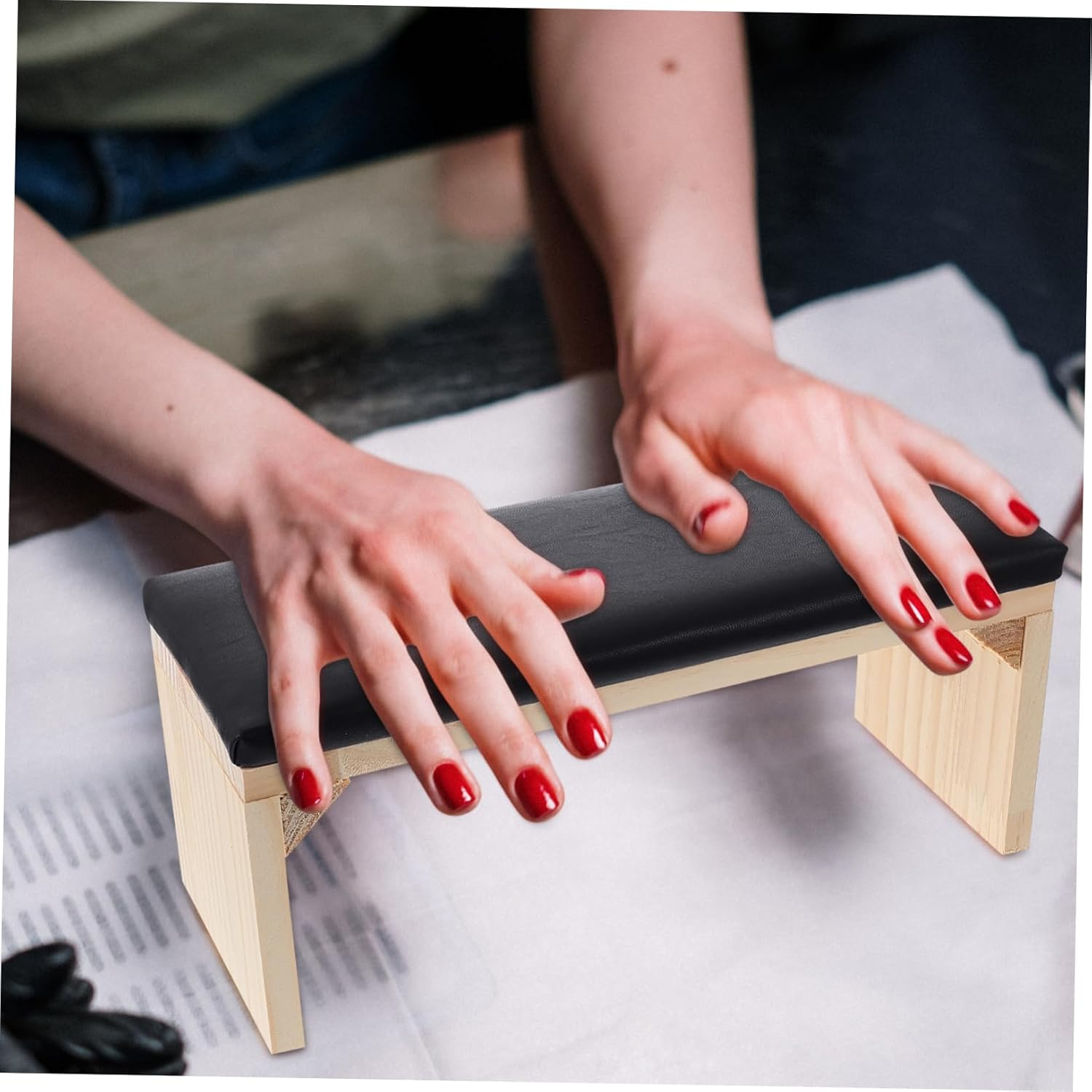 Supple Leather Manicure Pillow Wooden Hand Rest Cushion with Nail Lamp Holder Natural Wrist Support for Nail Art Japanese Style Manicure Tool for Steady Hands and Dust Protection image number 3