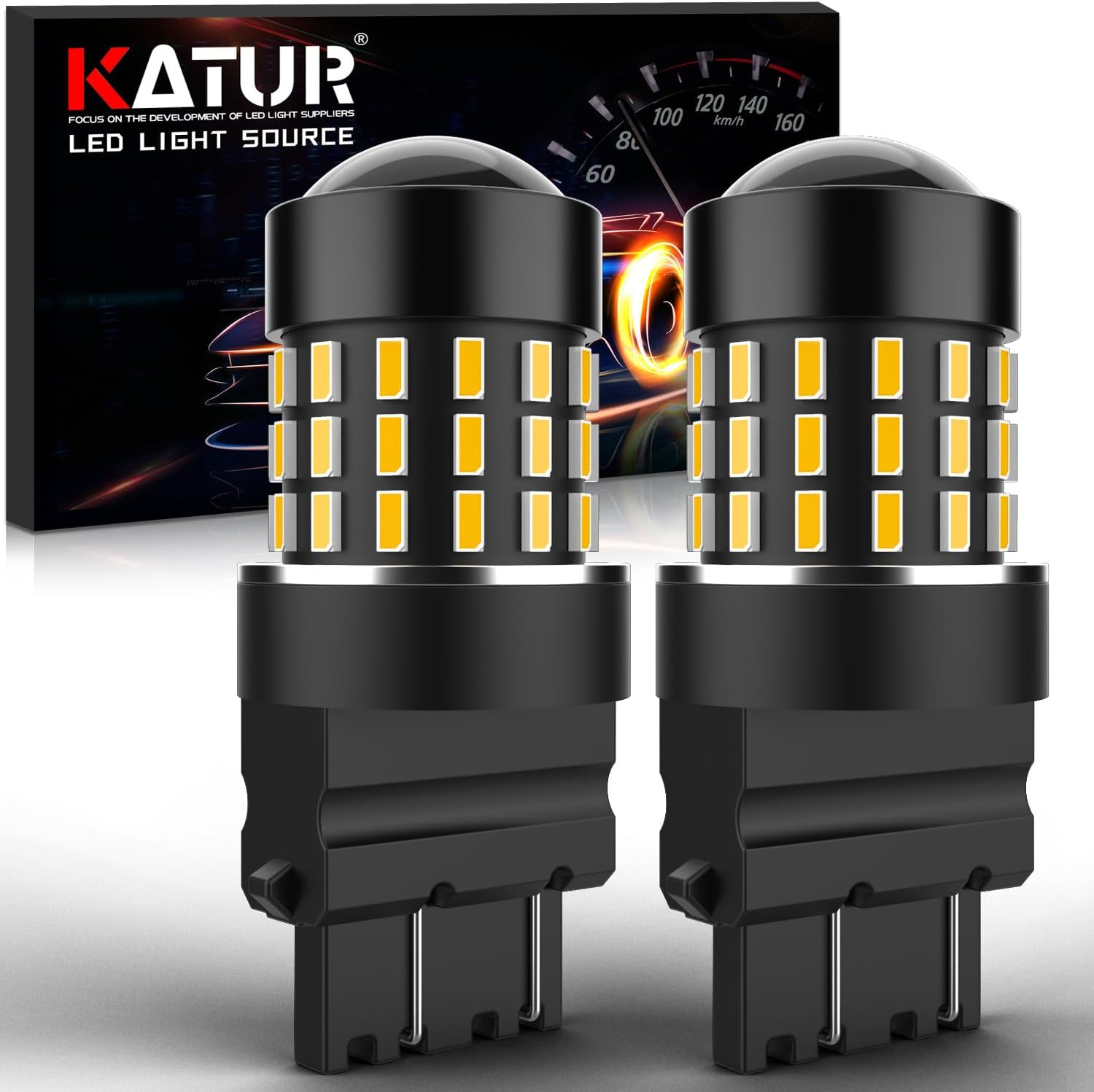 KATUR 3157 3047 3057 3155 3156 Led Light Bulb High Power 3014 54 Chipsets Super Bright 650 Lumens Replace for Turn Signal Back up Reverse Brake Tail Stop Parking RV Lights,Amber(Pack of 2)