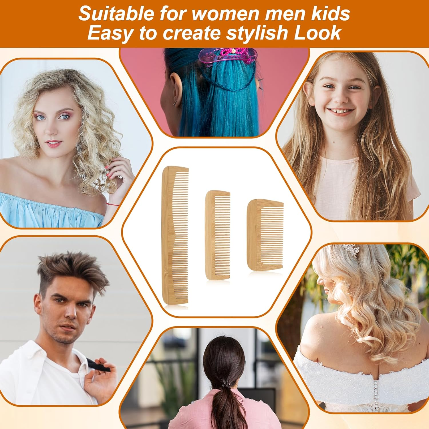 3 Pcs Bamboo Comb Set, Wooden Combs Fine Tooth Combs Anti-Static Wood Hair Combs for Women Men, Wood Comb for Straight, Curly, Wavy, Long Hair, Beard image number 1