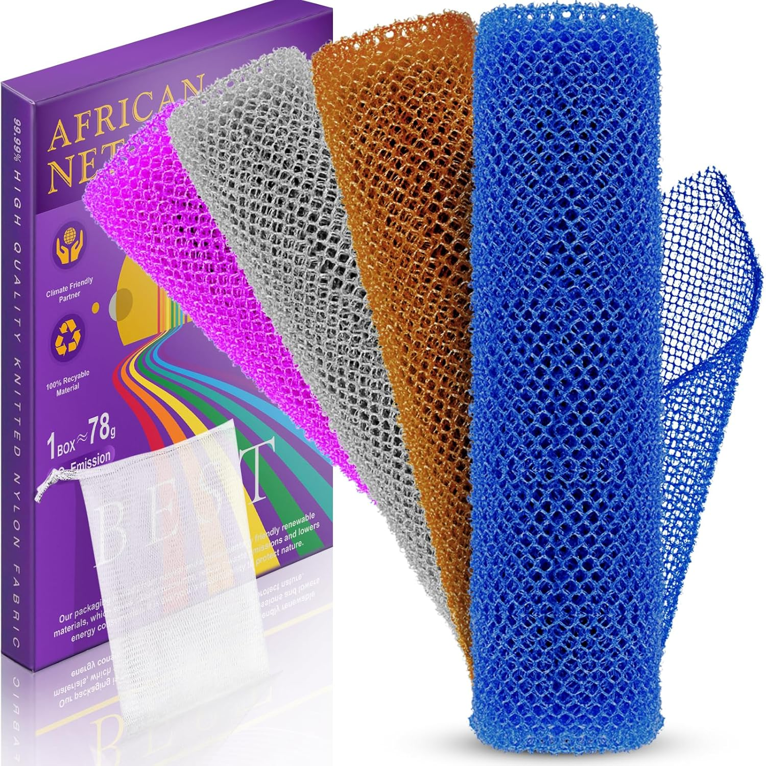 4 Pieces African Bath Sponge African Net Long Net Bath Sponge Enjoy Luxurious Exfoliation, Deep Cleansing, and Silky Smooth Skin Every Day(Brown, Blue, Purple,Grey)