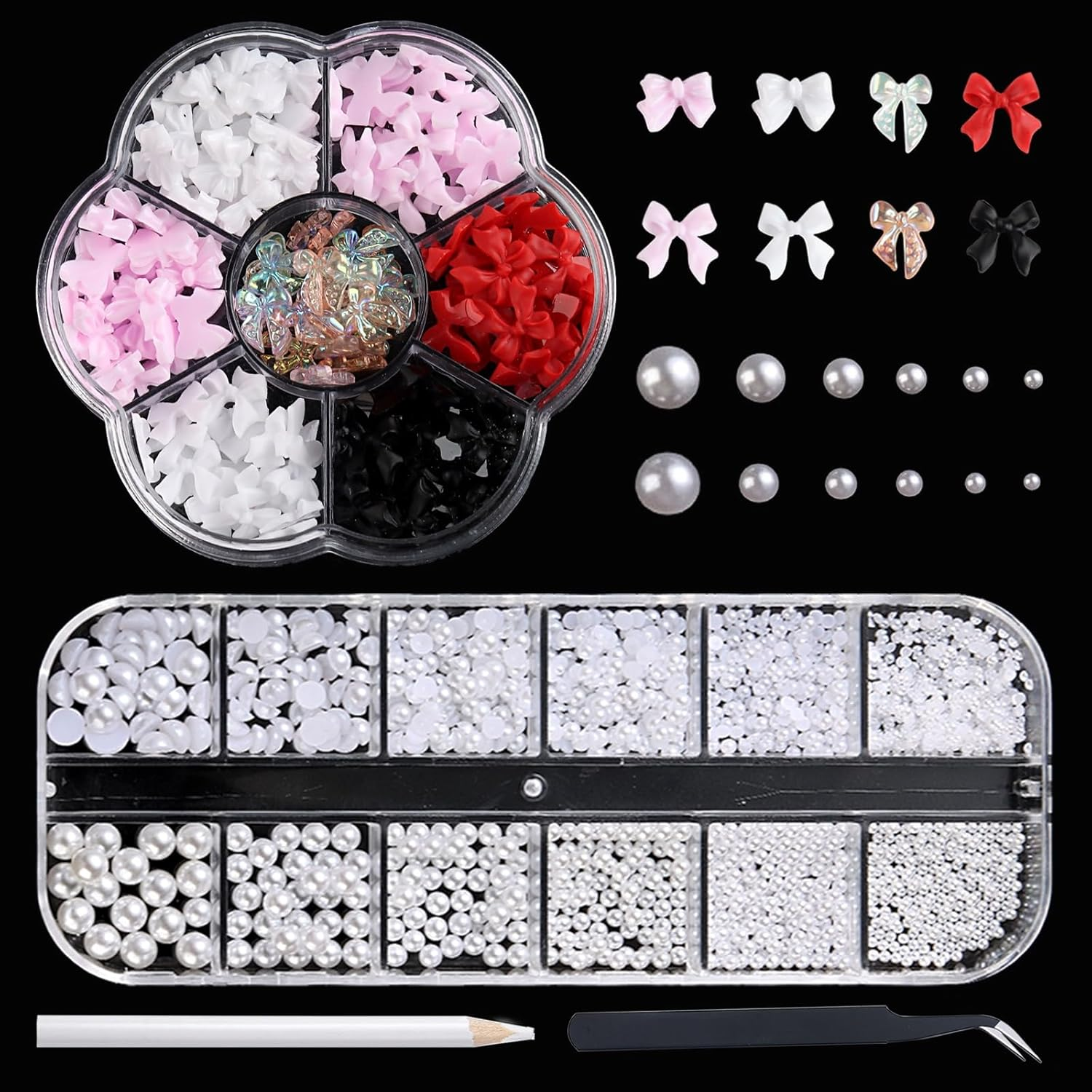 SUTOKAKA 3D Bow Nail Charms and Pearls Mixed Color Acrylic Flatback Bowknot Charm Gems Jewels with Tweezer Pickup Pencil for Nail Art Design Manicure DIY Crafts image number 2