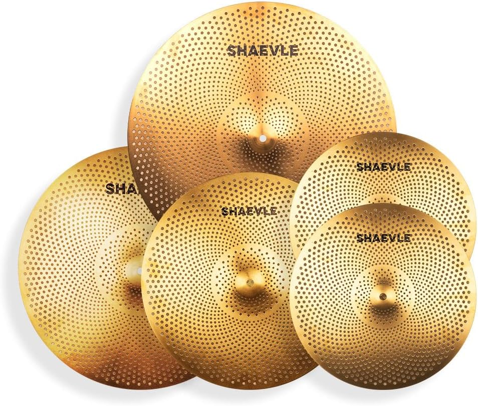 SHAEVLE Low Volume Cymbal Pack Golden Mute Cymbal 14"Hi-Hat+16"Crash+18'Crash+20"Ride Quiet Drum Cymbal Pack for Practice image number 4
