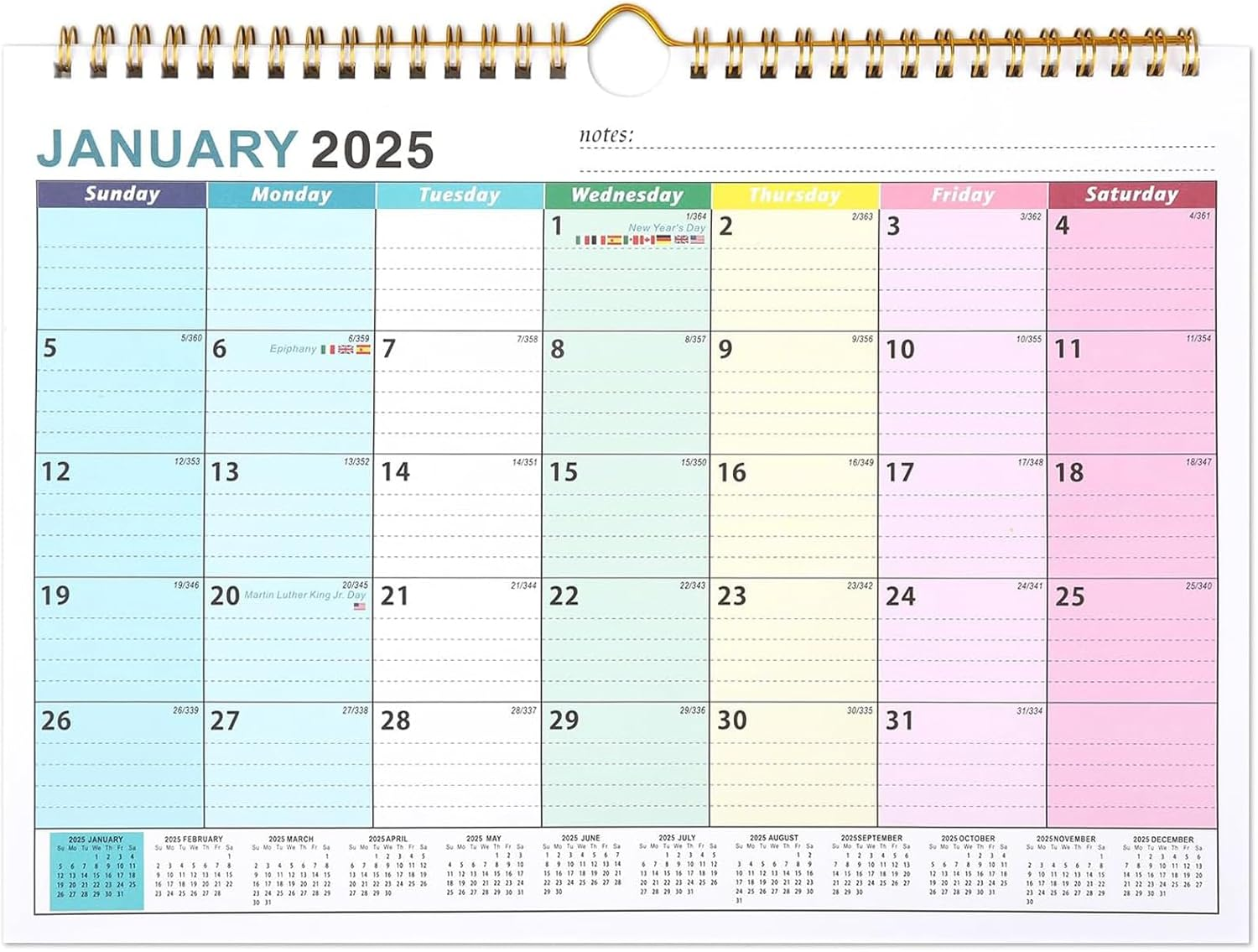 2025-2026 Wall Calendar,18 Monthly Calendar July 2025-December 2026,Thick Paper Easy to Write and Read Notes,11.8 Inch Width 8.6 Inch High, Rainbow Colour-Coded Days, Spiral-Bound image number 1
