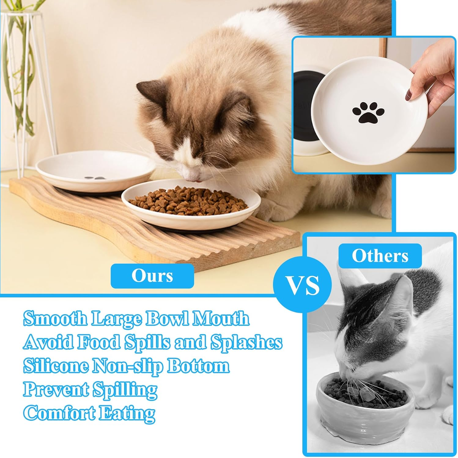 Cat Bowl, Flat Ceramic, Feeding Bowl Cat with Non-Slip Silicone Base, Raised Cat Food Bowl, Water Bowl for Kittens (Cat Paw Pattern) image number 1